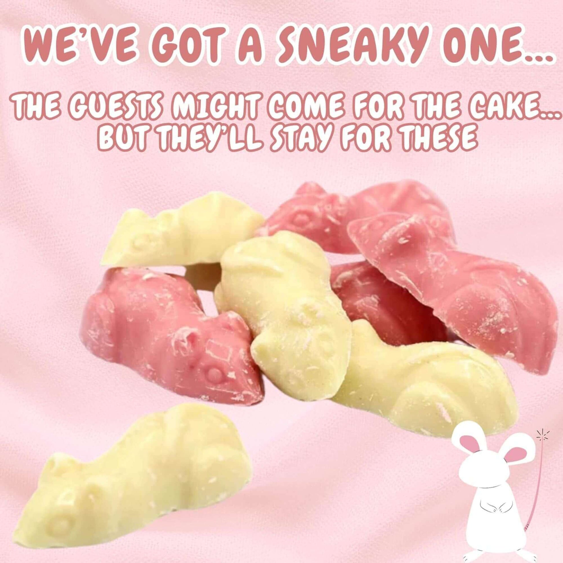 Pink and yellow candy shaped like mice on a pink background with text.