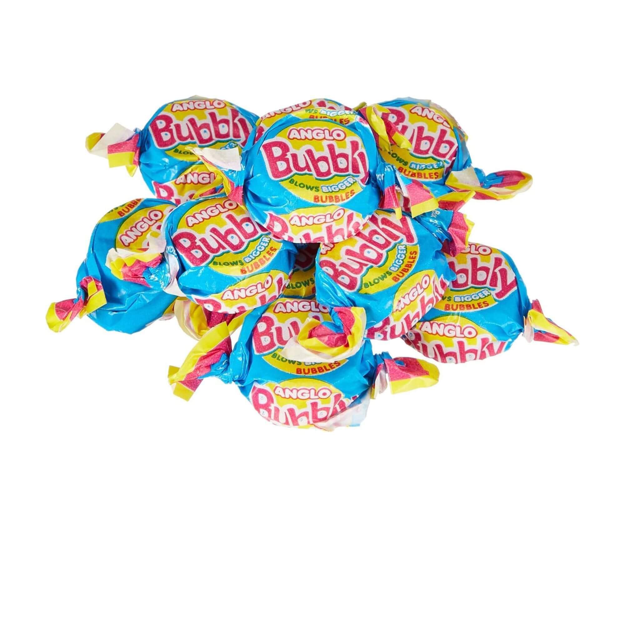 Multiple packages of Anglo Bubbly bubble gum on a white background