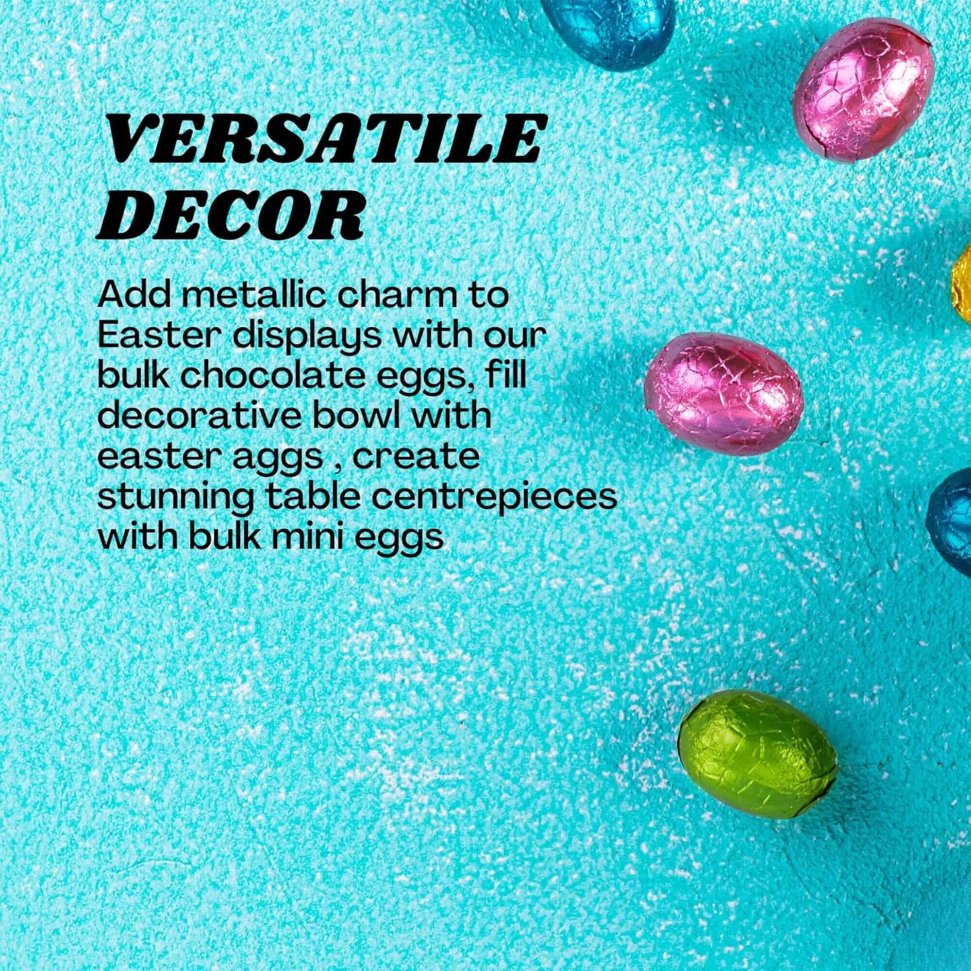 Colorful chocolate eggs on a turquoise background with text about versatile decor.