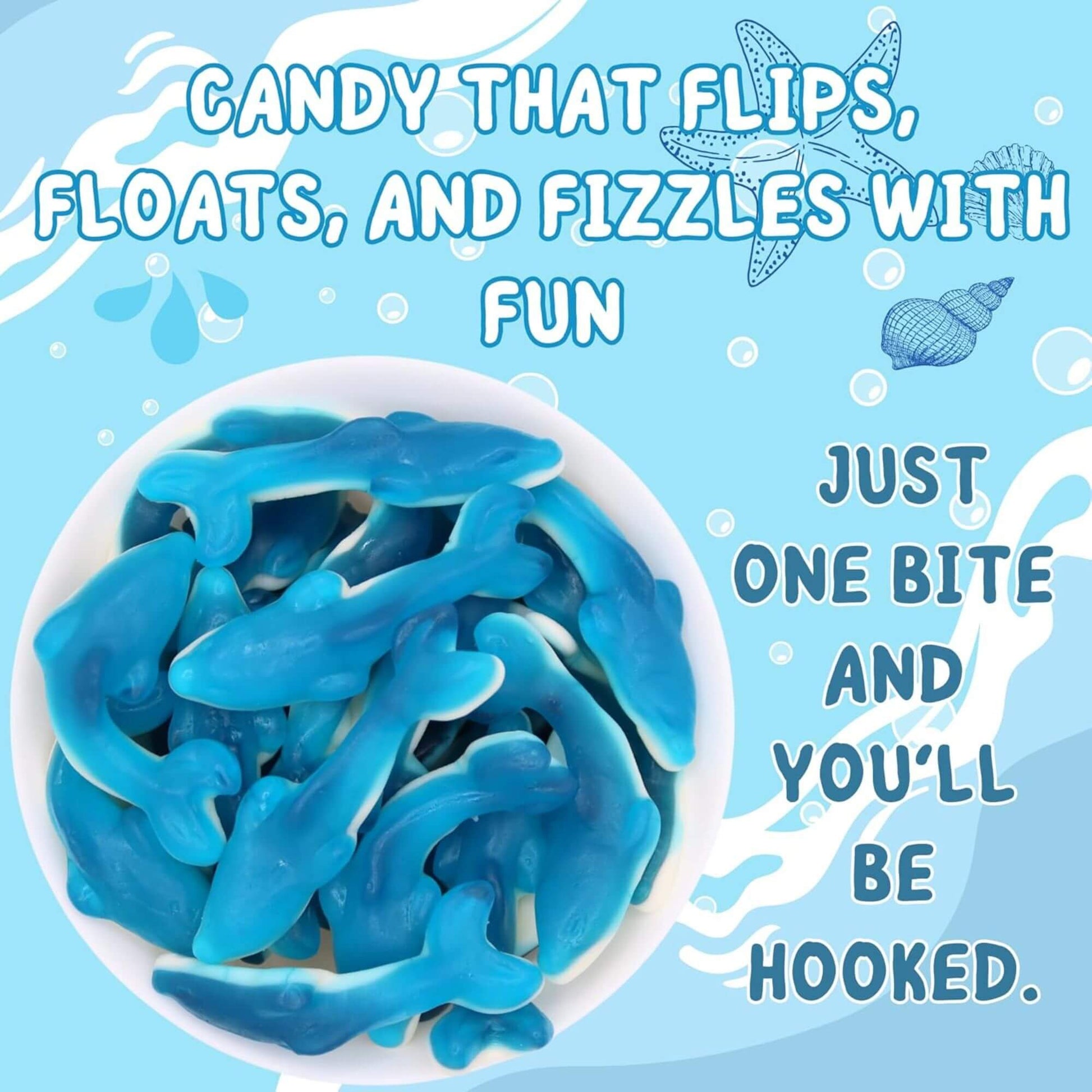 Blue candy shaped like dolphins in a bowl with promotional text on a blue background