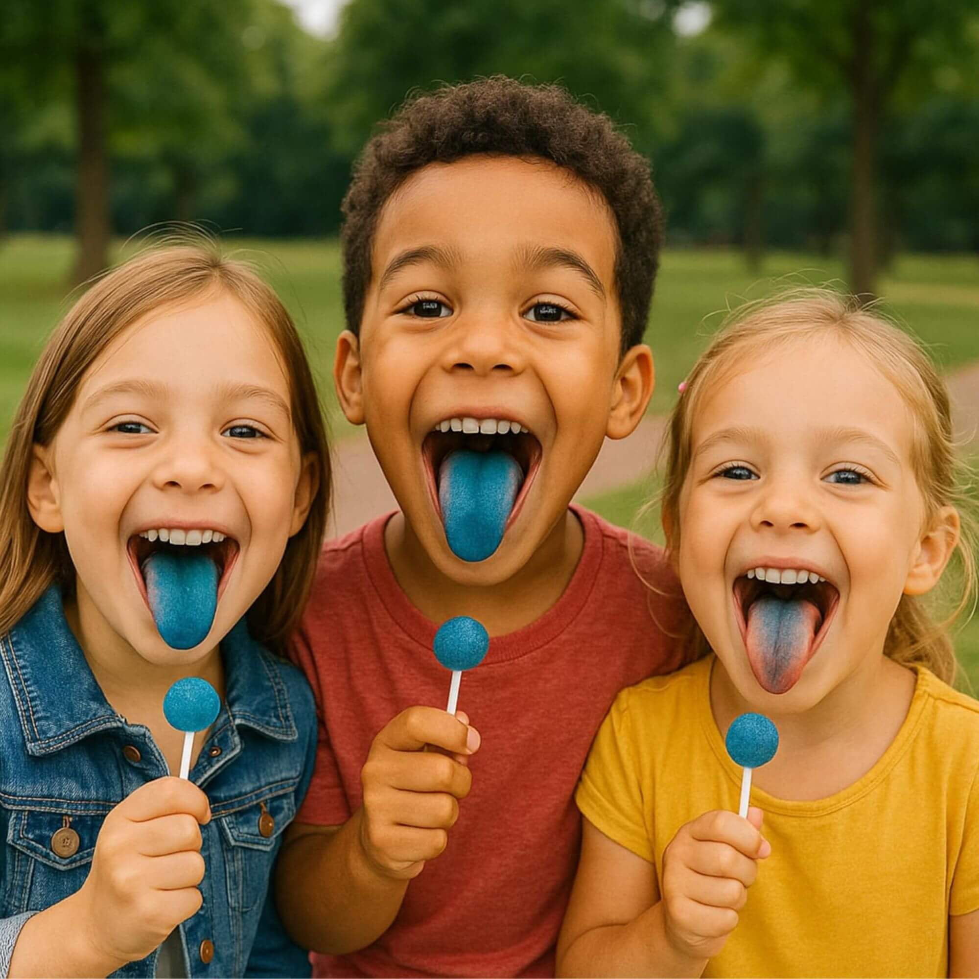 Three children with blue lollipops in a park