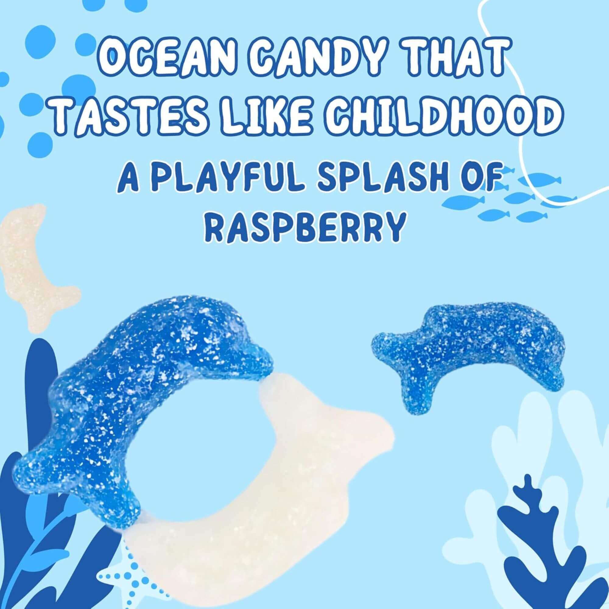 Blue gummy candy with text on a blue background