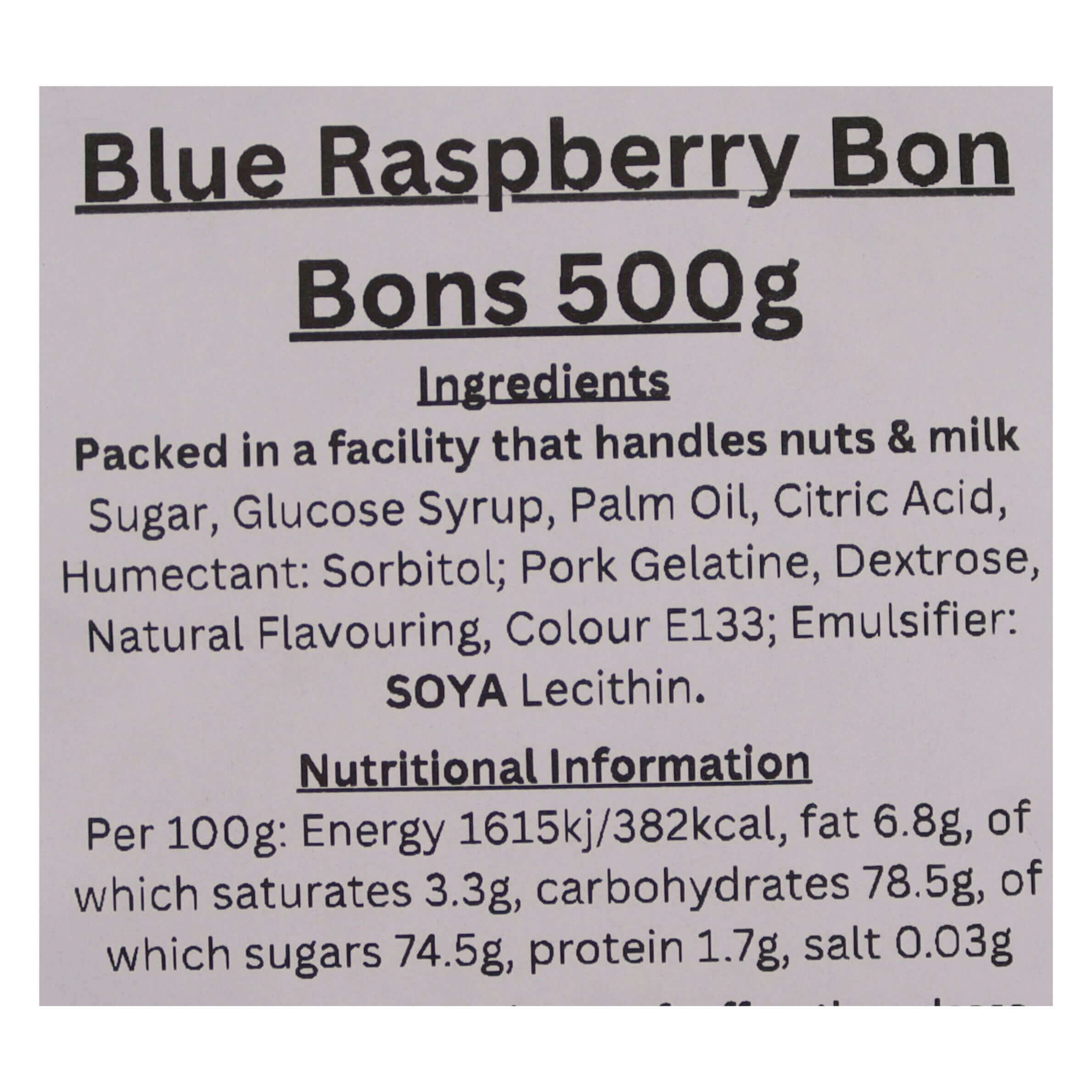 Blue Bon Bons ingredient label
