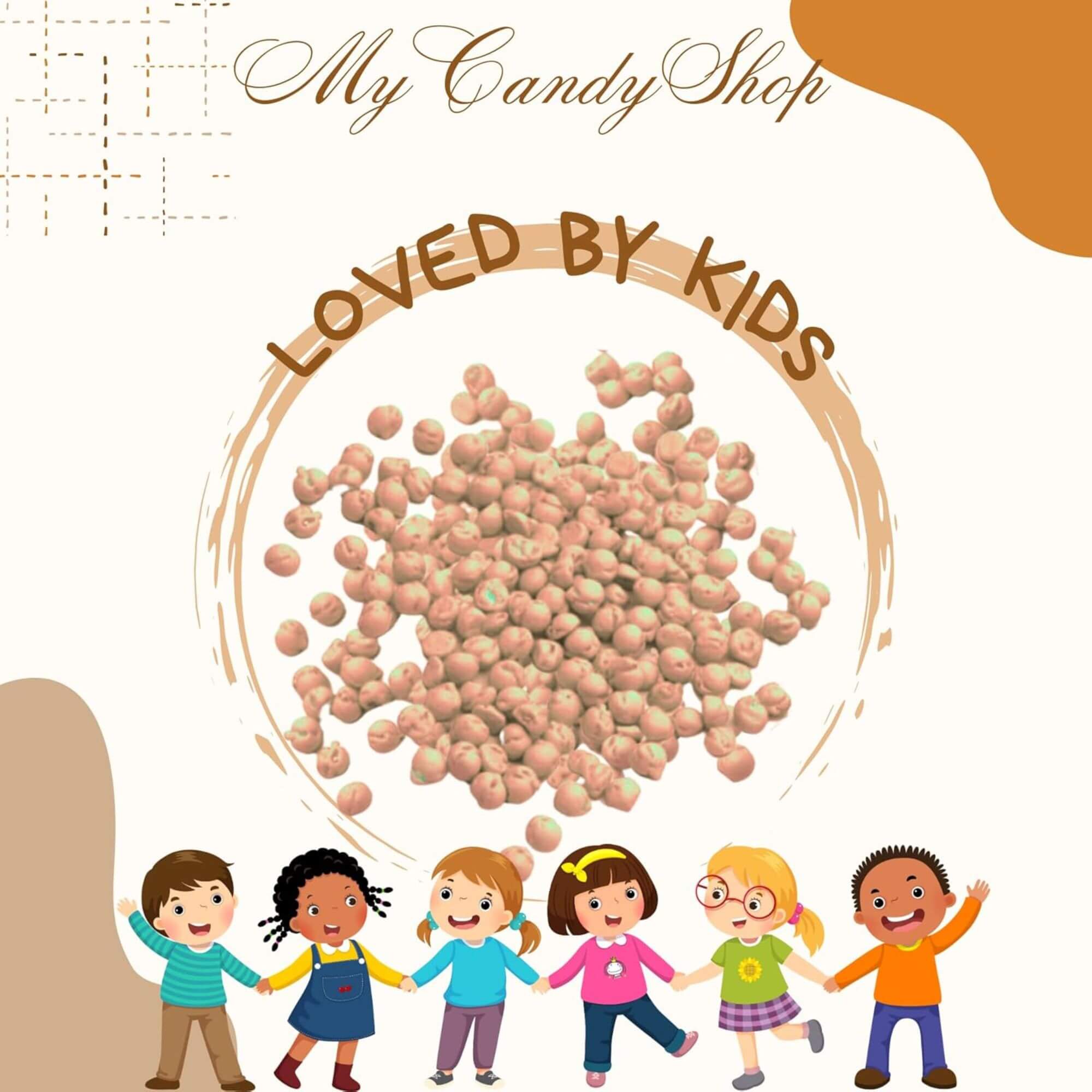 Cartoon kids holding pile of kids candy