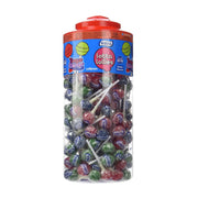 Jar of colorful lollipops with a red lid on a white background