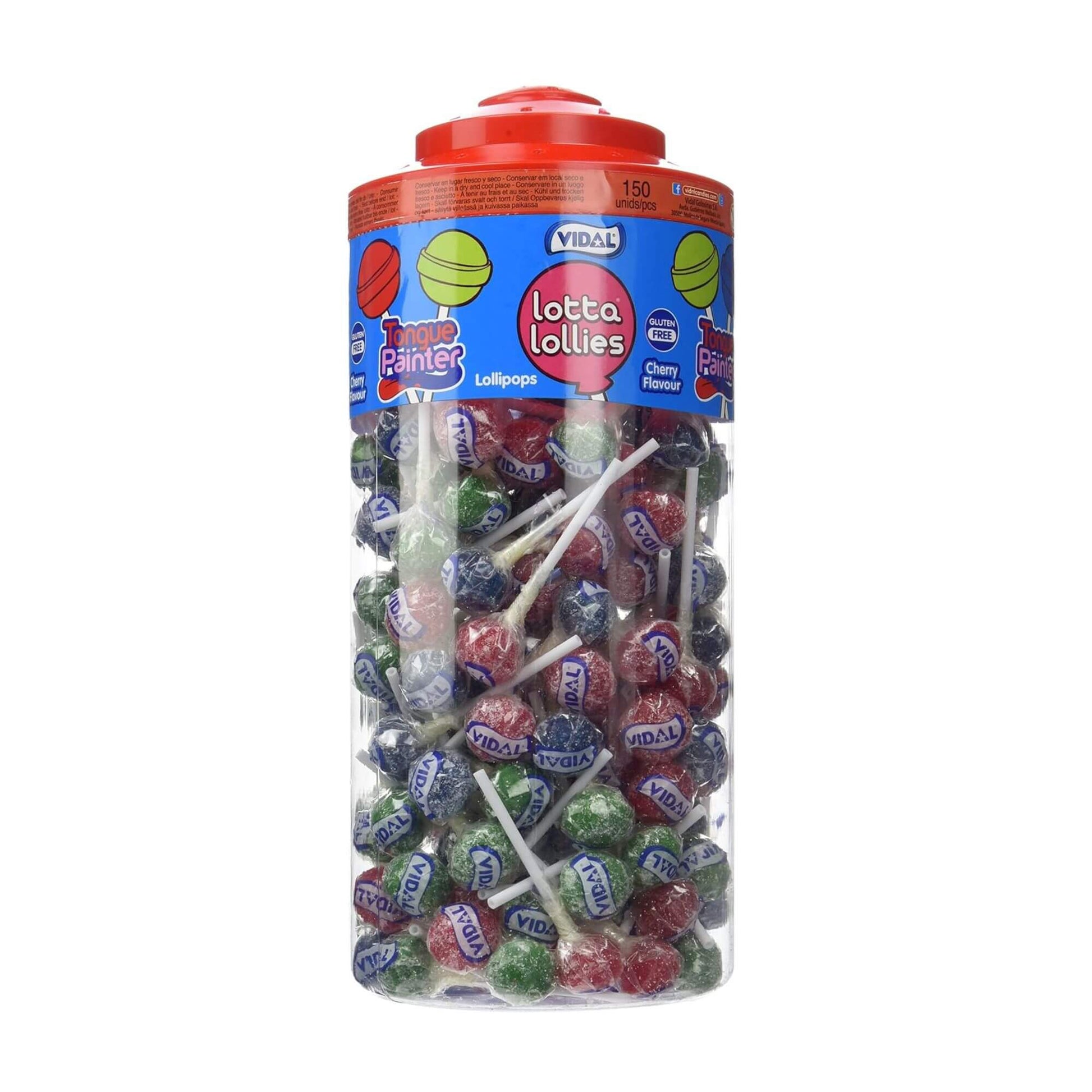 Jar of colorful lollipops with a red lid on a white background