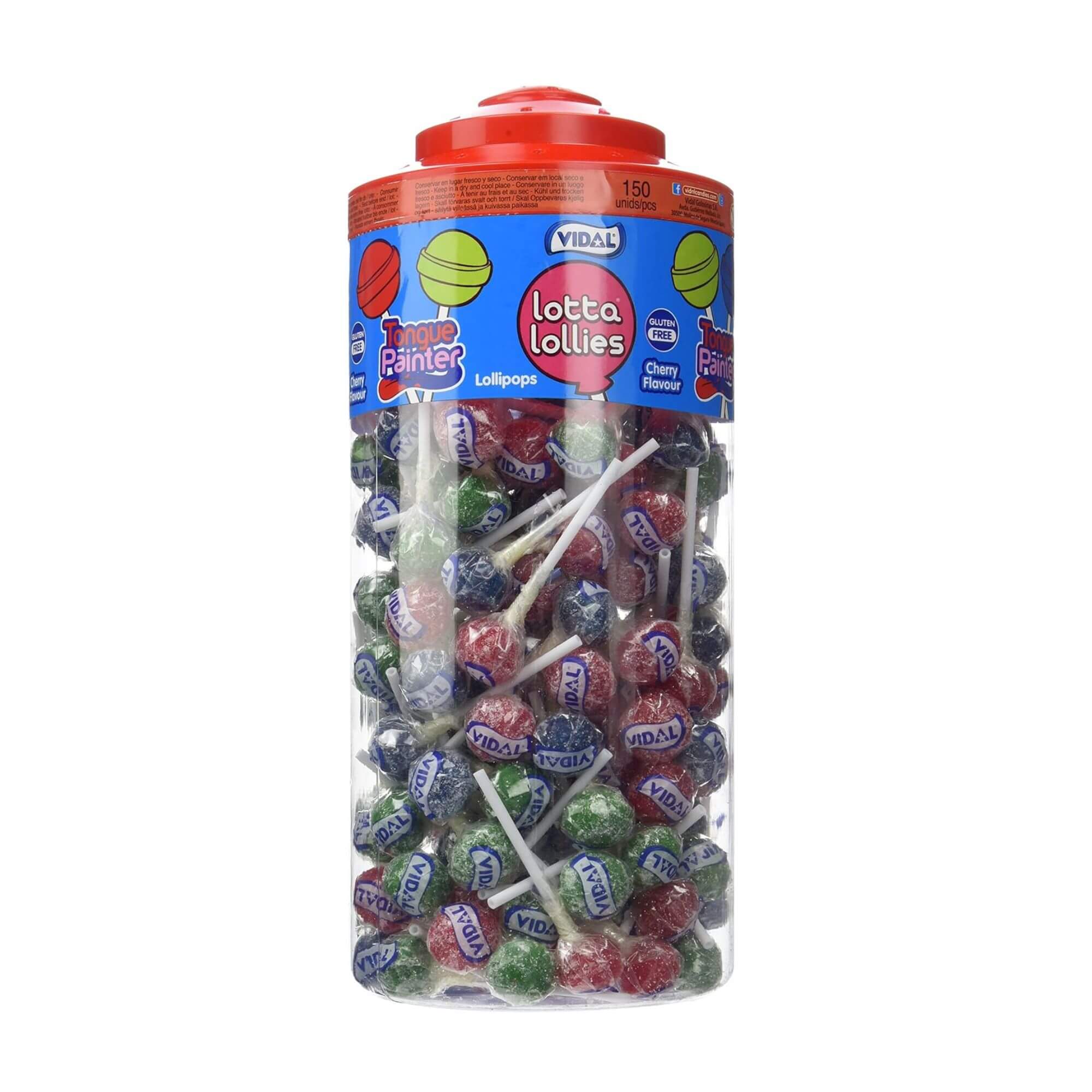 Jar of colorful lollipops with a red lid on a white background