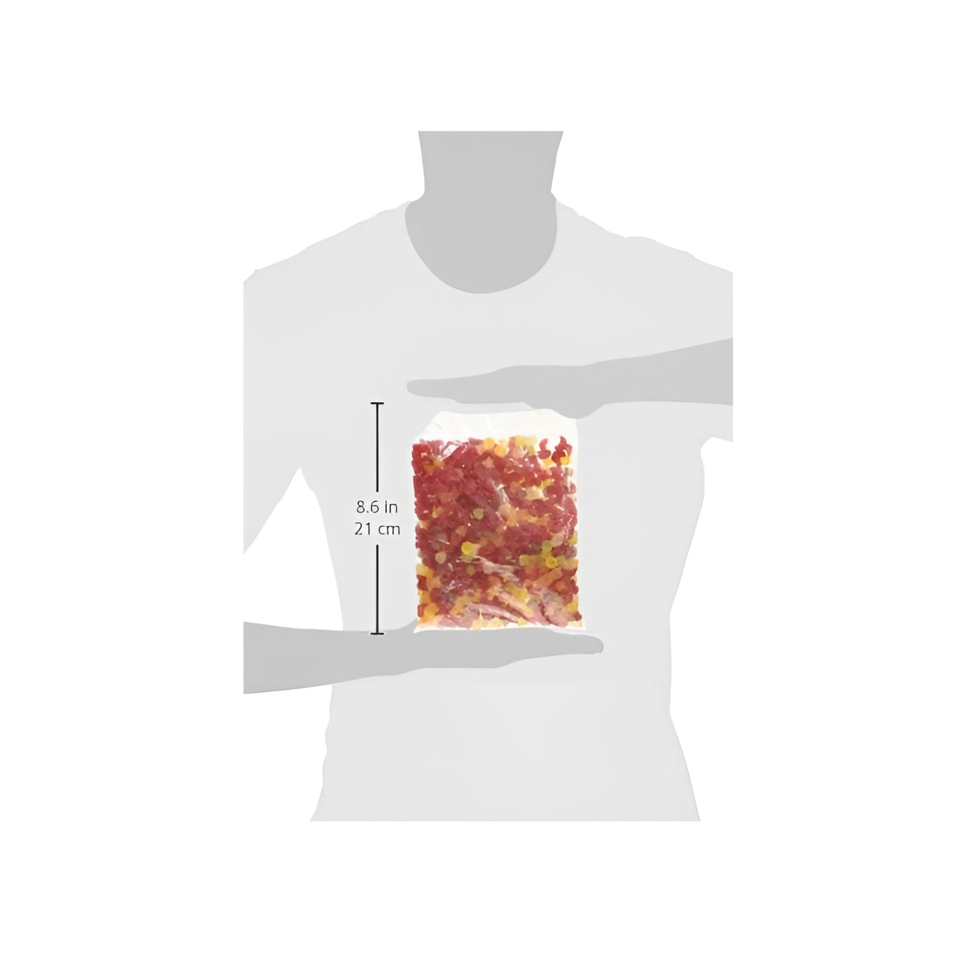 Measurement chart for a t-shirt with a sample of gummy bears on a white background