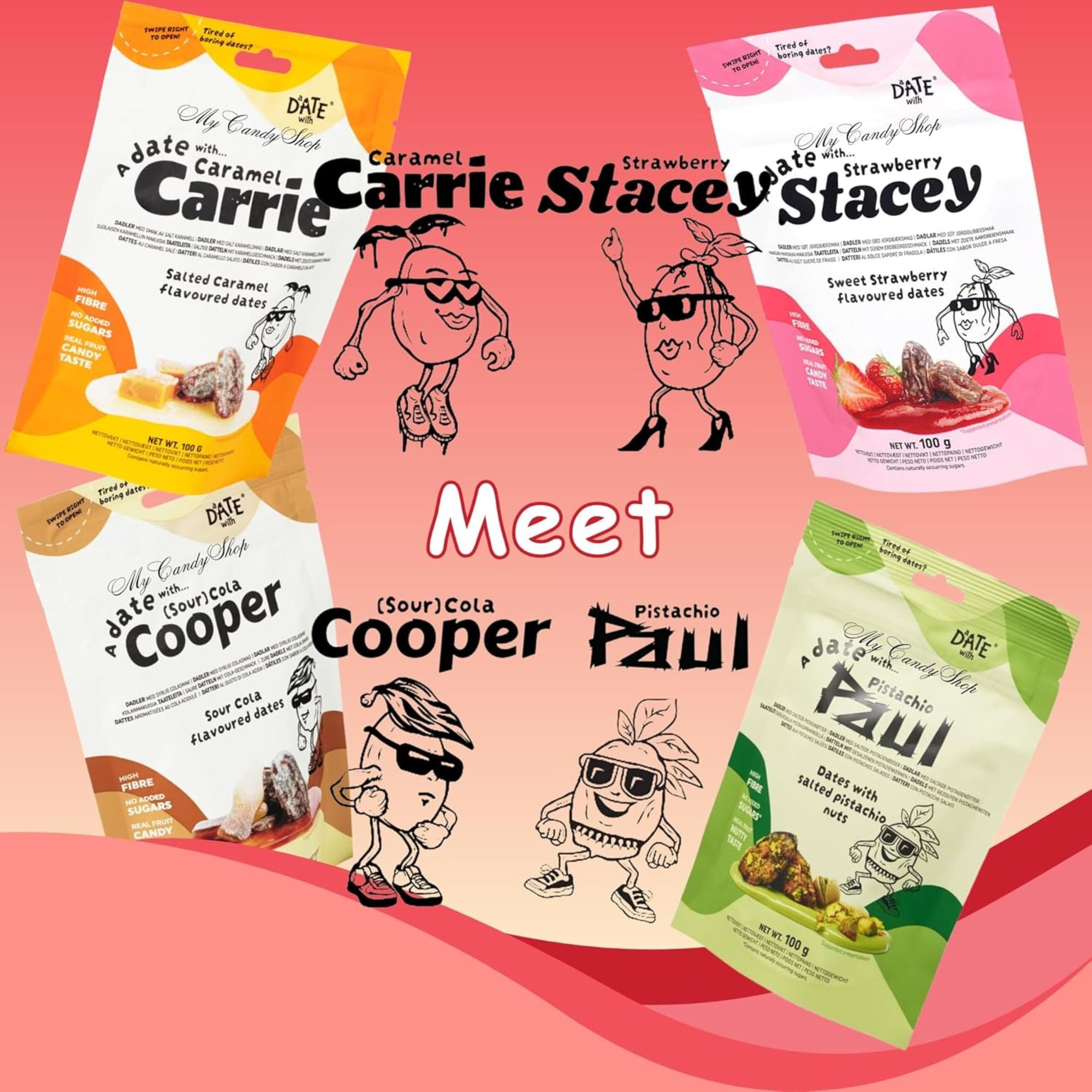 Flavoured Pitted Dates – 4 x 100g Bundle (Strawberry, Cola, Caramel & Pistachio)