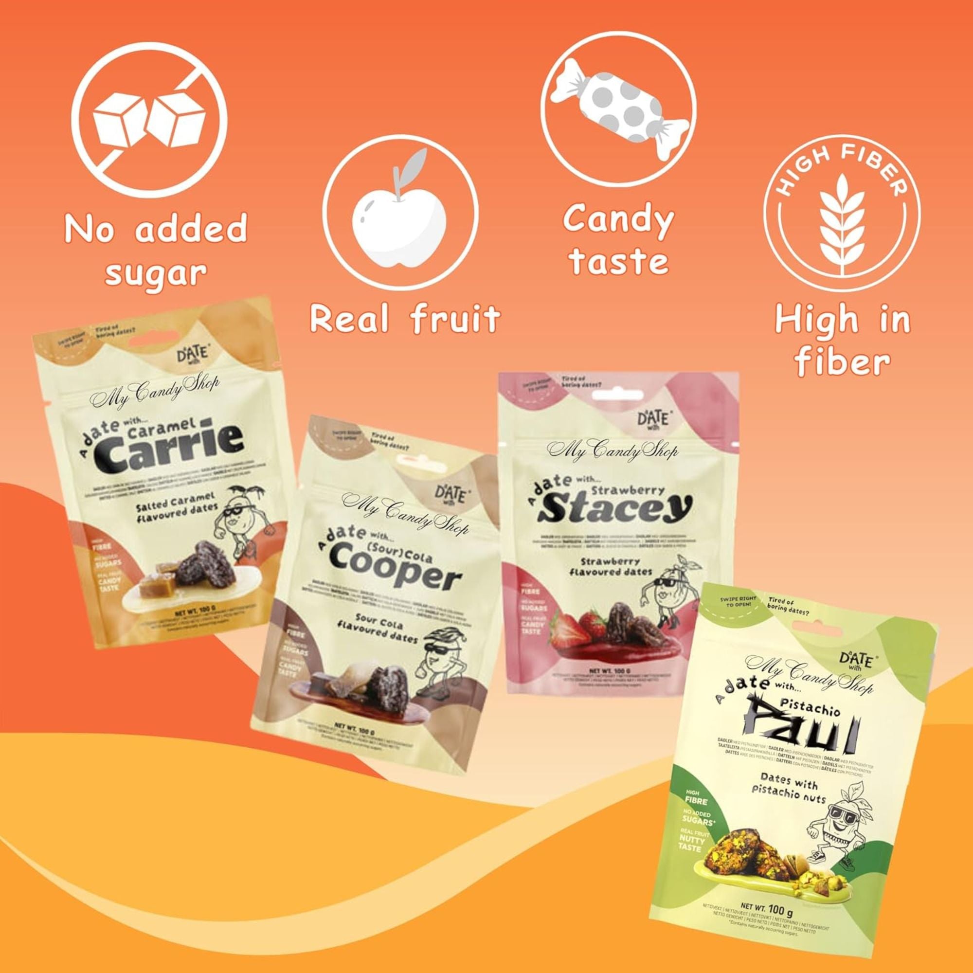 Flavoured Pitted Dates – 4 x 100g Bundle (Strawberry, Cola, Caramel & Pistachio)