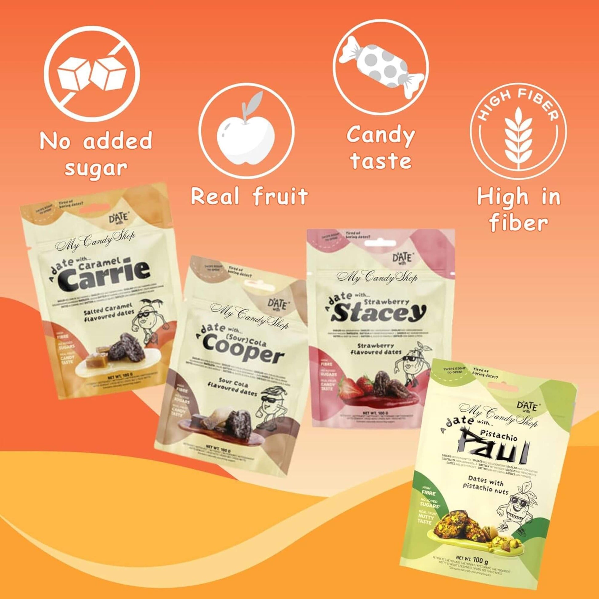 Dog treats packaging with flavor names and product features on an orange background