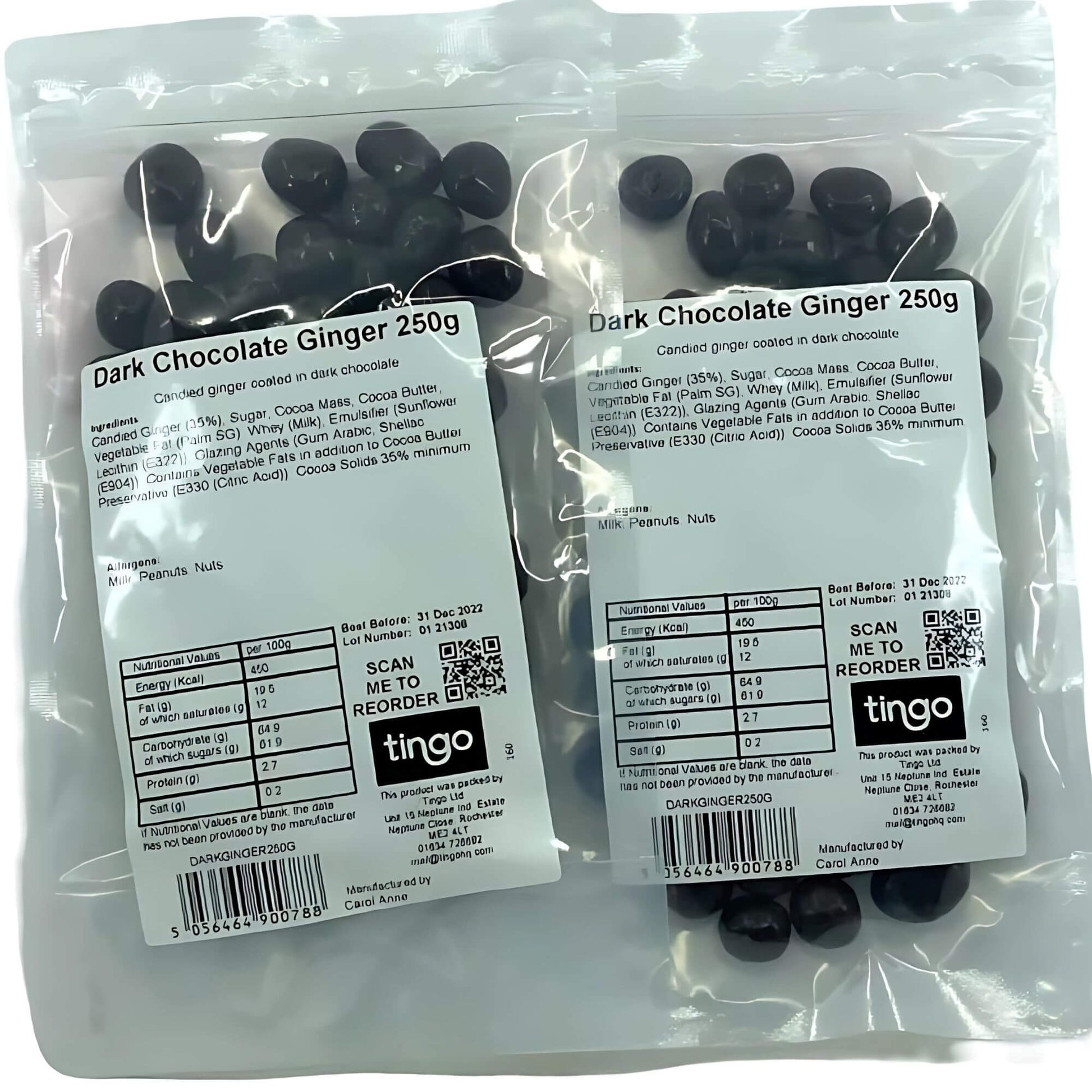 Two packages of Dark Chocolate Ginger with labels showing product details.