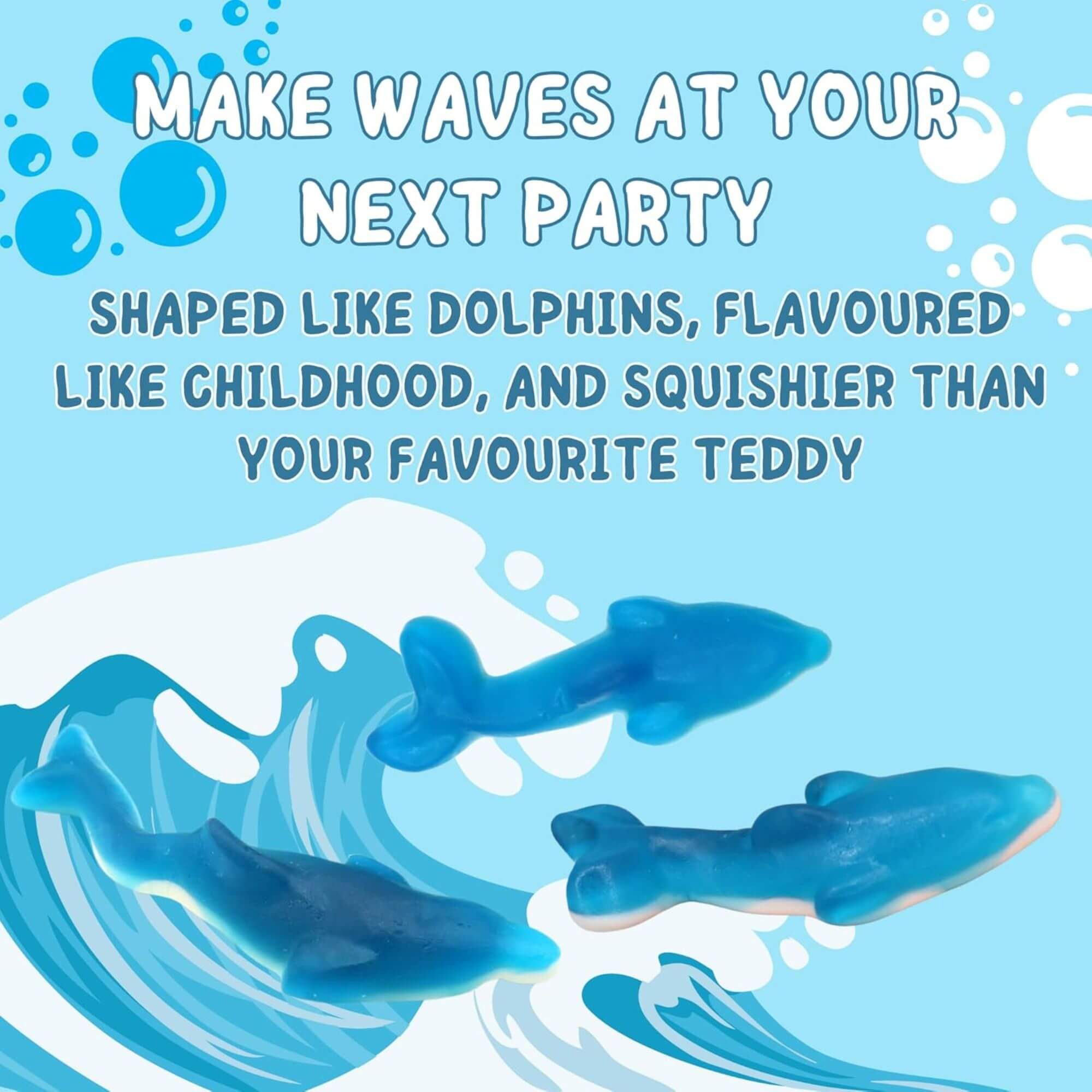 Promotional graphic for dolphin-shaped toys with text on a blue background