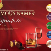 Famous Names chocolate packaging with a glass of whiskey and a chocolate bar on a red background.