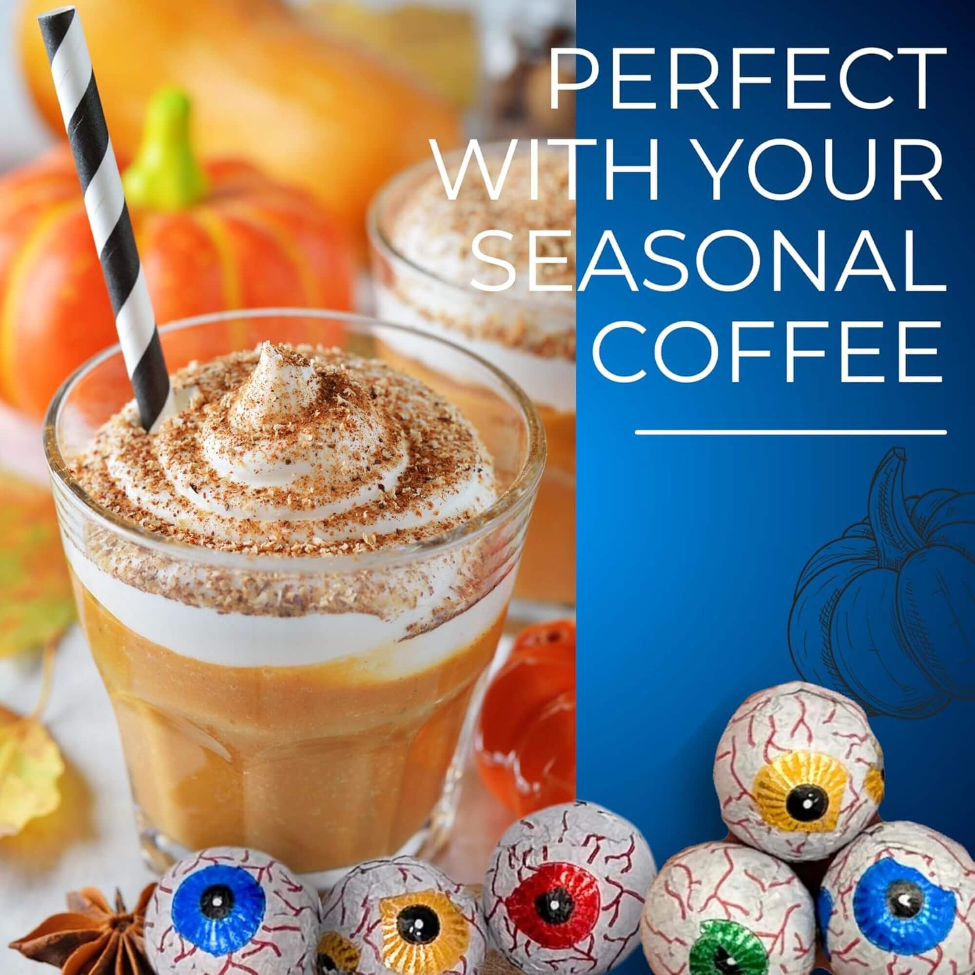 Pumpkin spice latte with whipped cream and a straw, surrounded by decorative eyeballs and pumpkins.