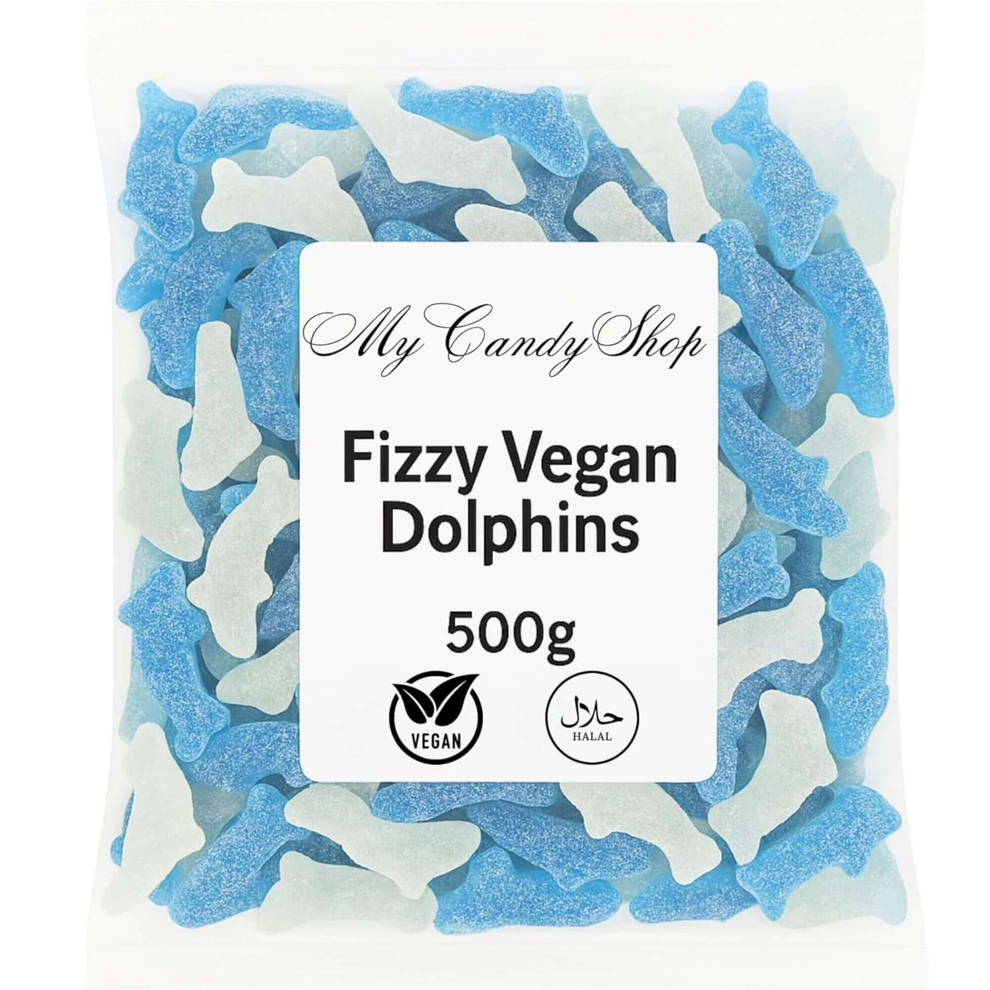 Pack of Fizzy Vegan Dolphins with 'My Candy Shop' label on a white background