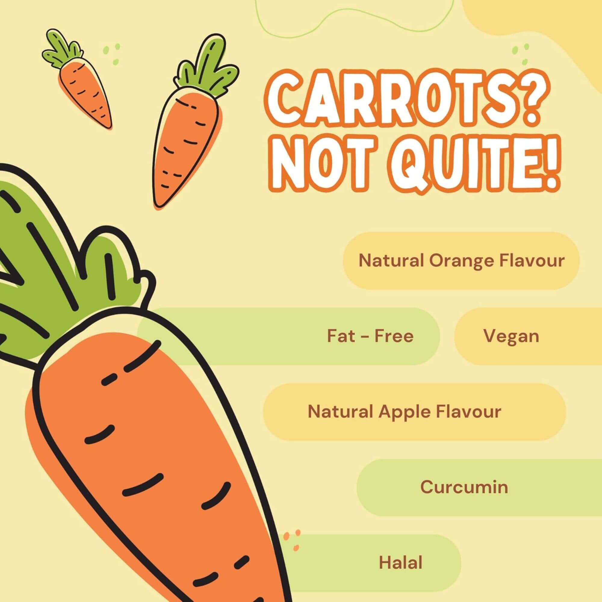 Illustration of carrots with flavor and health benefits text on a yellow background