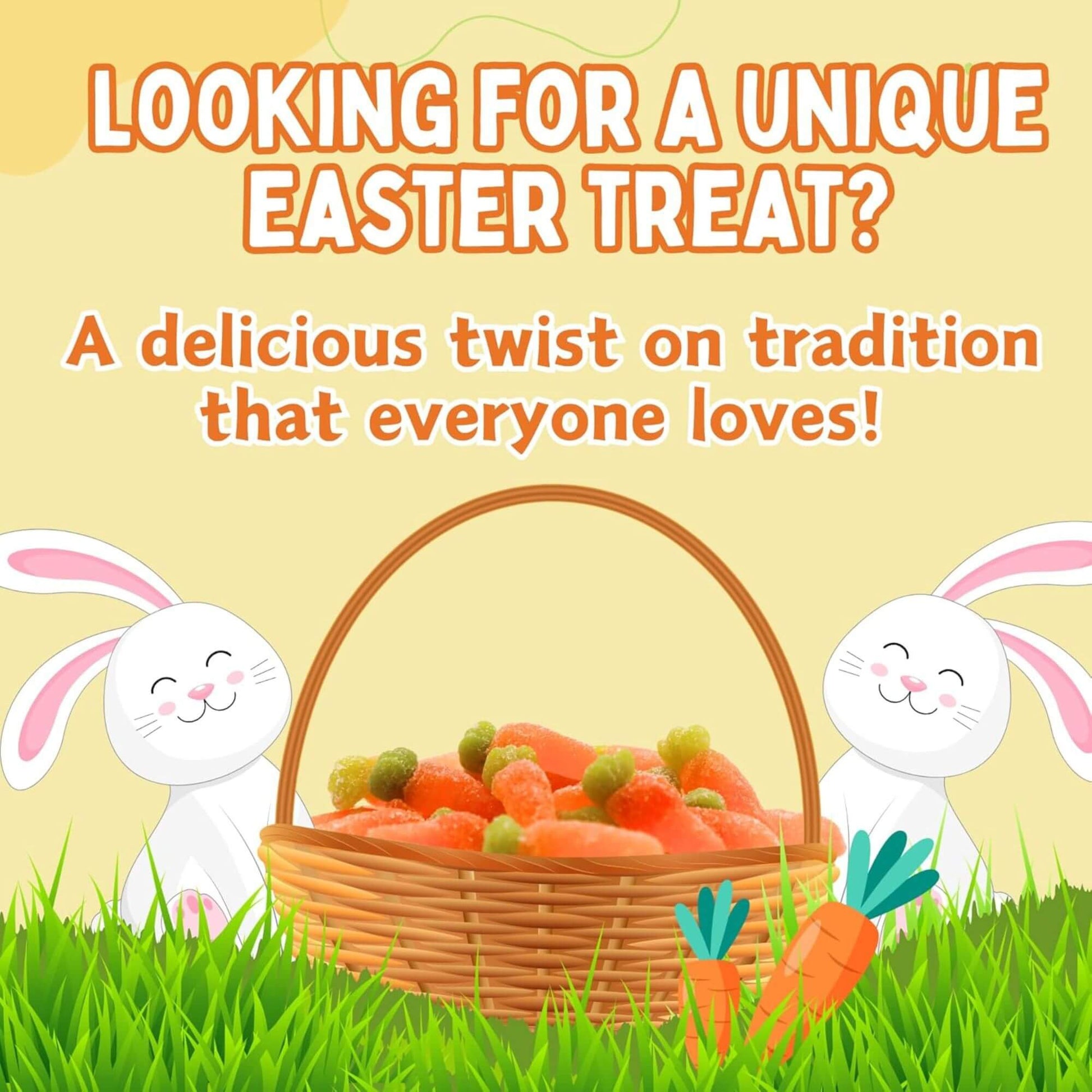 Easter-themed promotional graphic with a basket of carrots, cartoon bunnies, and text about unique Easter treats.