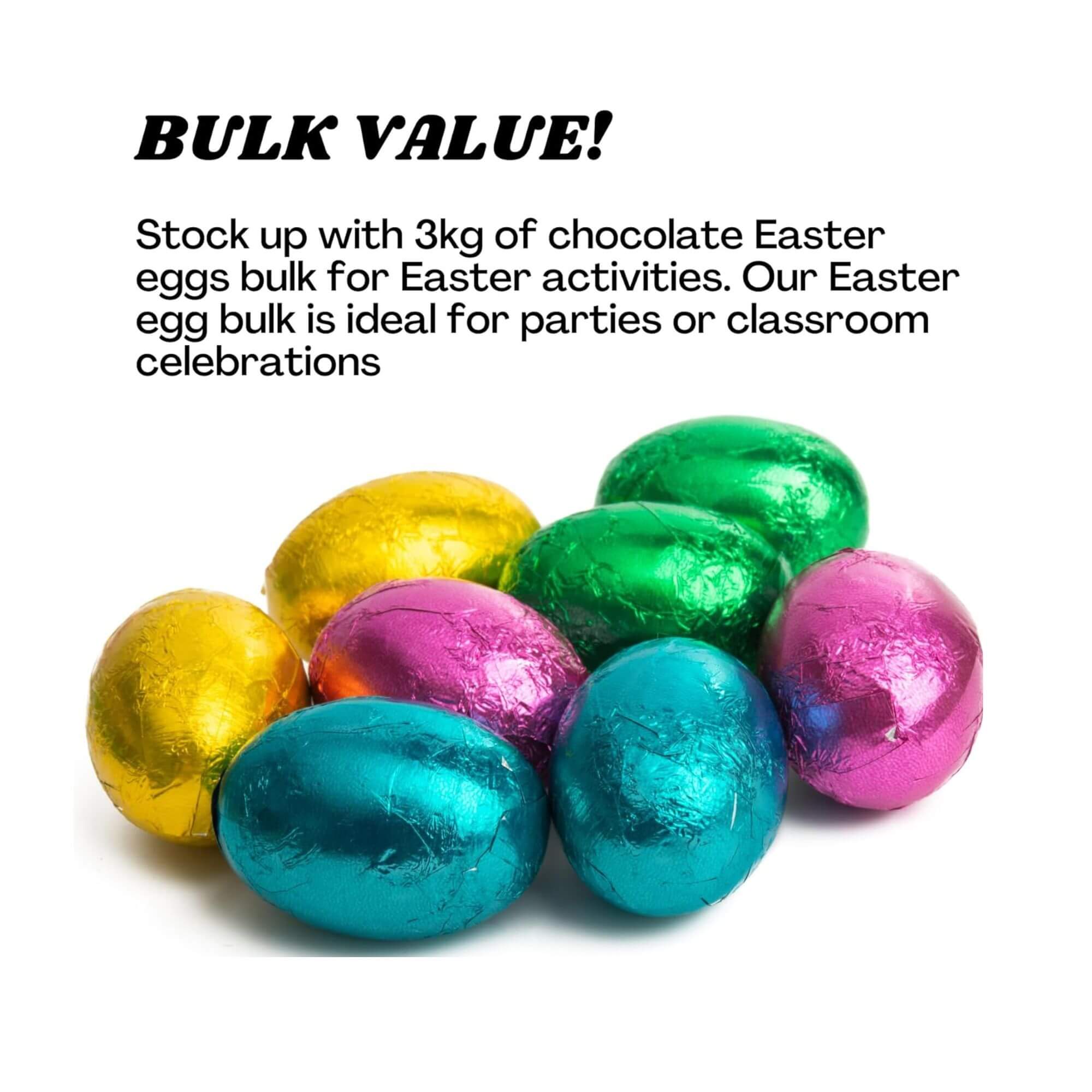 Colorful chocolate Easter eggs with text about bulk value on a white background