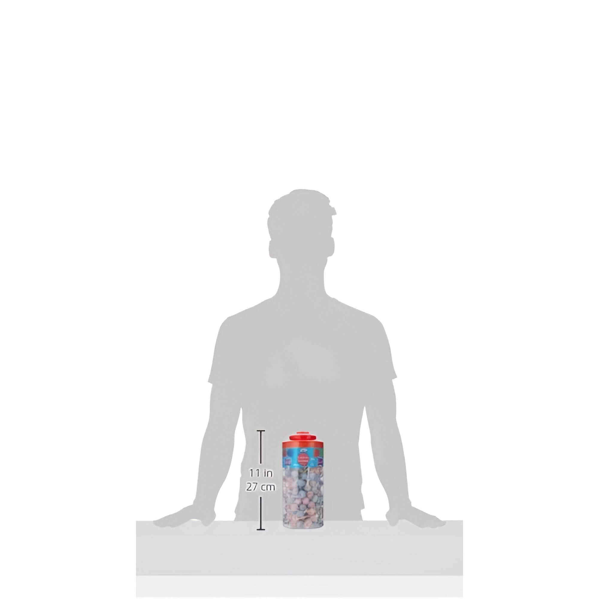Silhouette of a person with a container and measurement details on a white background