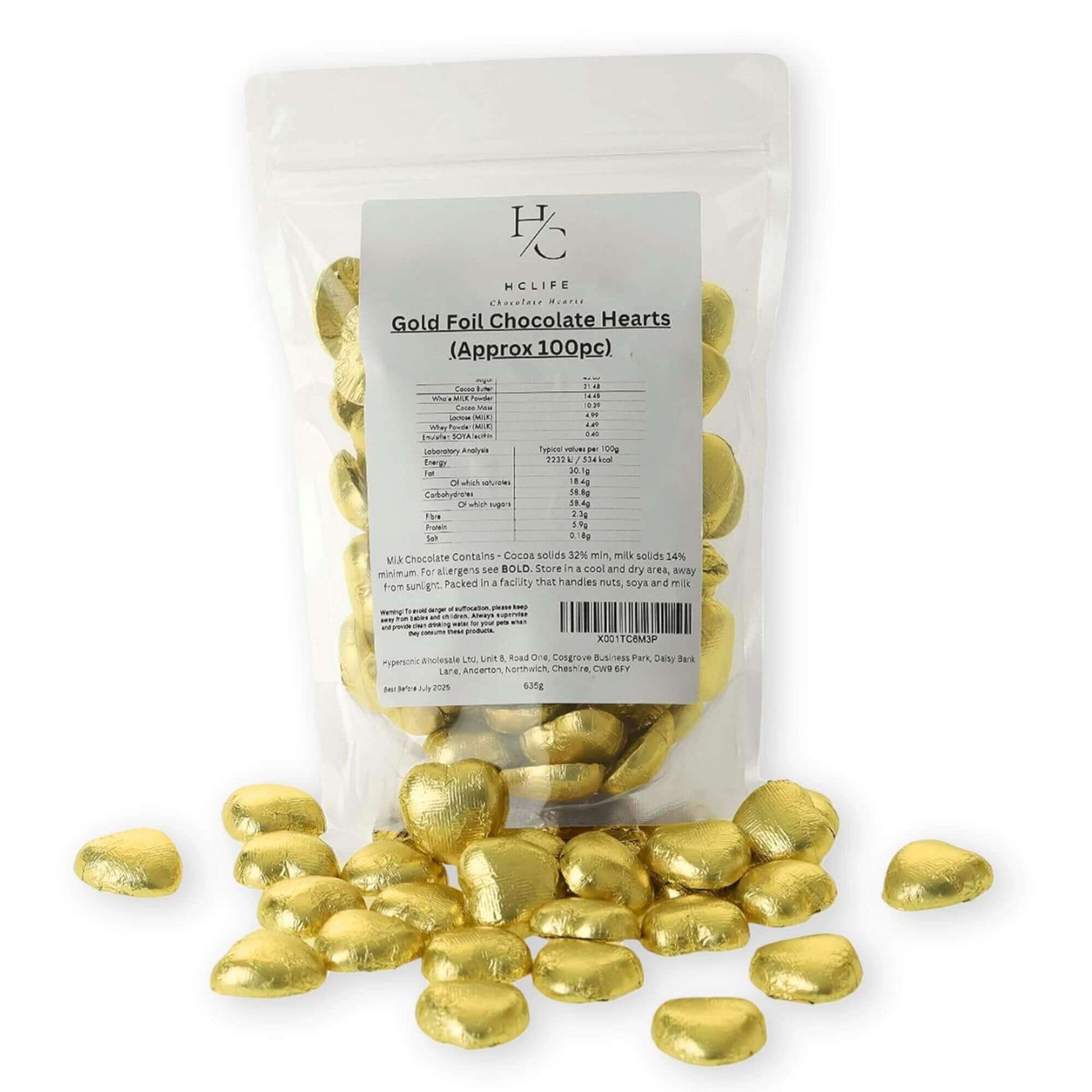 Packaging of gold foil chocolate hearts with a visible label on a white background