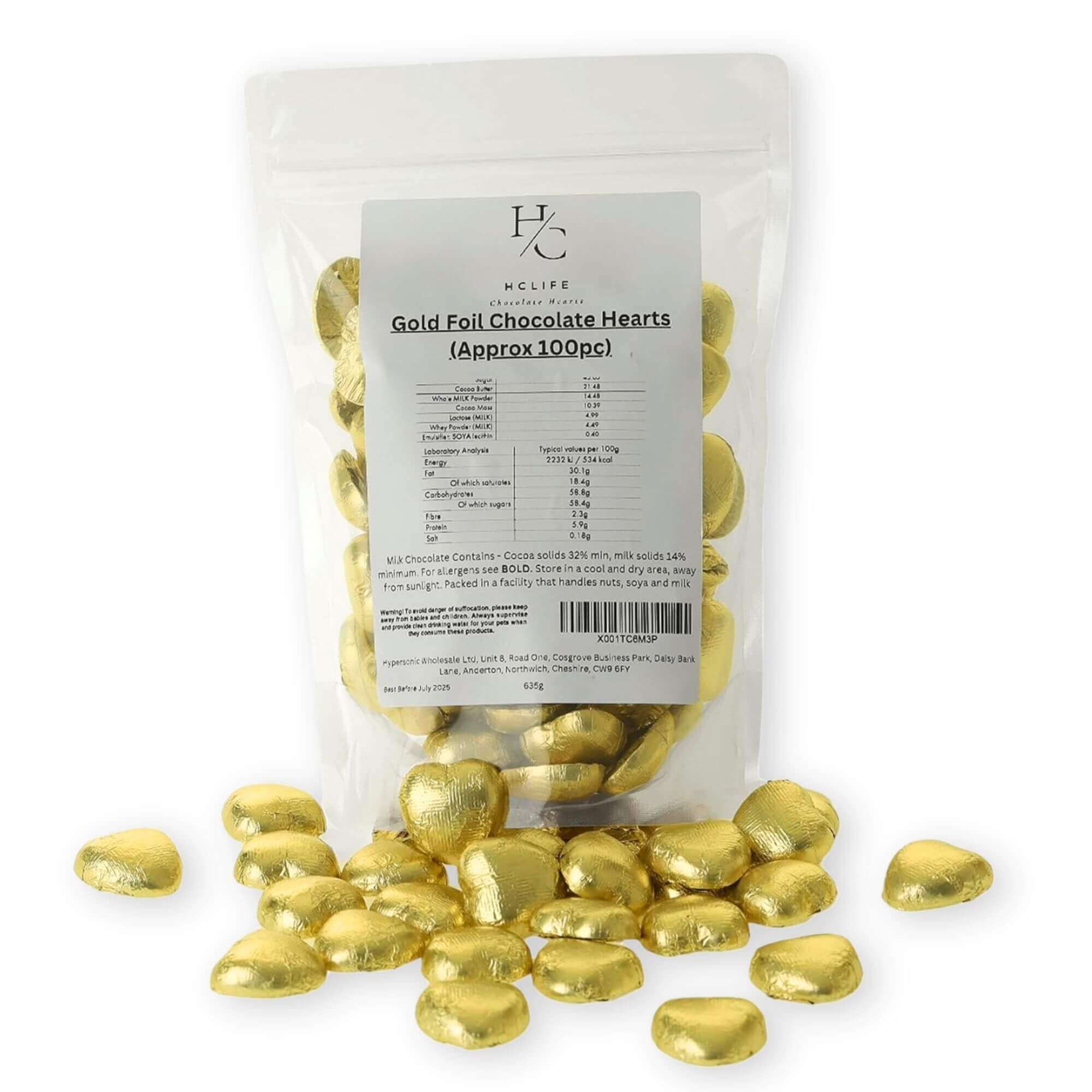 Packaging of gold foil chocolate hearts with a visible label on a white background