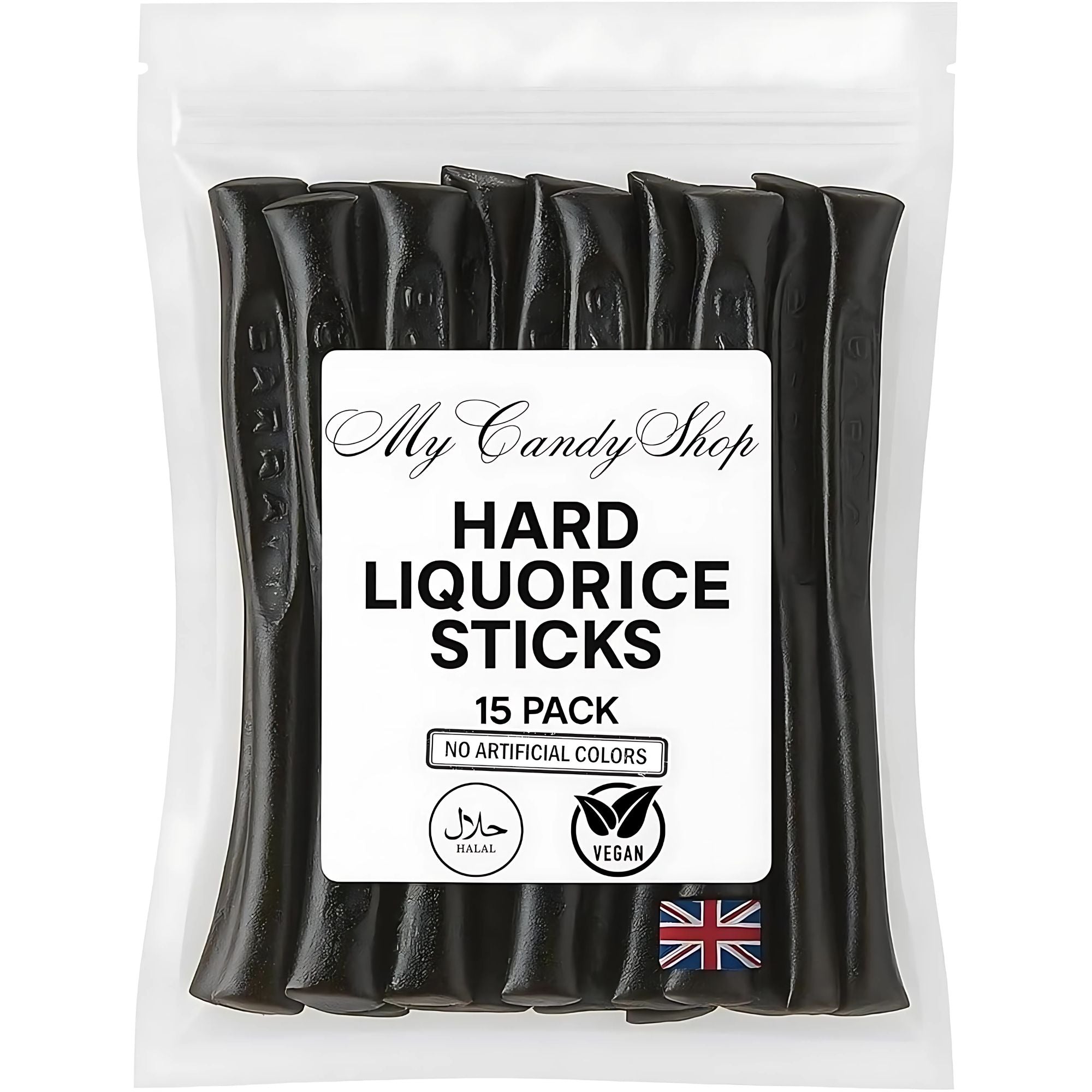 Pack of My Candy Shop hard liquorice sticks with a clear background