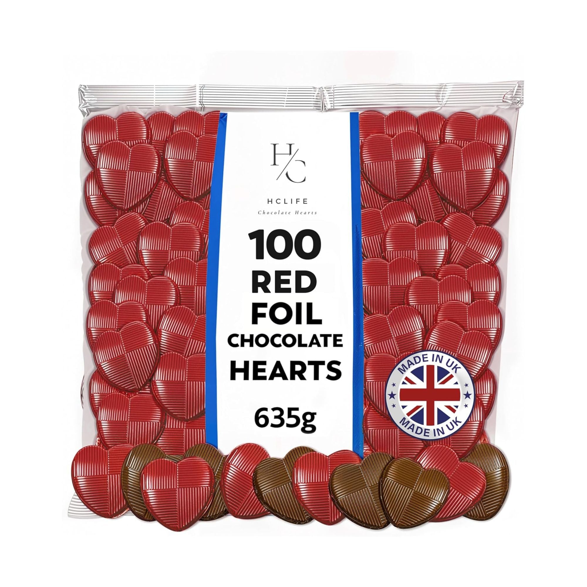 Red Foil Milk Chocolate Hearts – 100 Pieces (635g Bag)