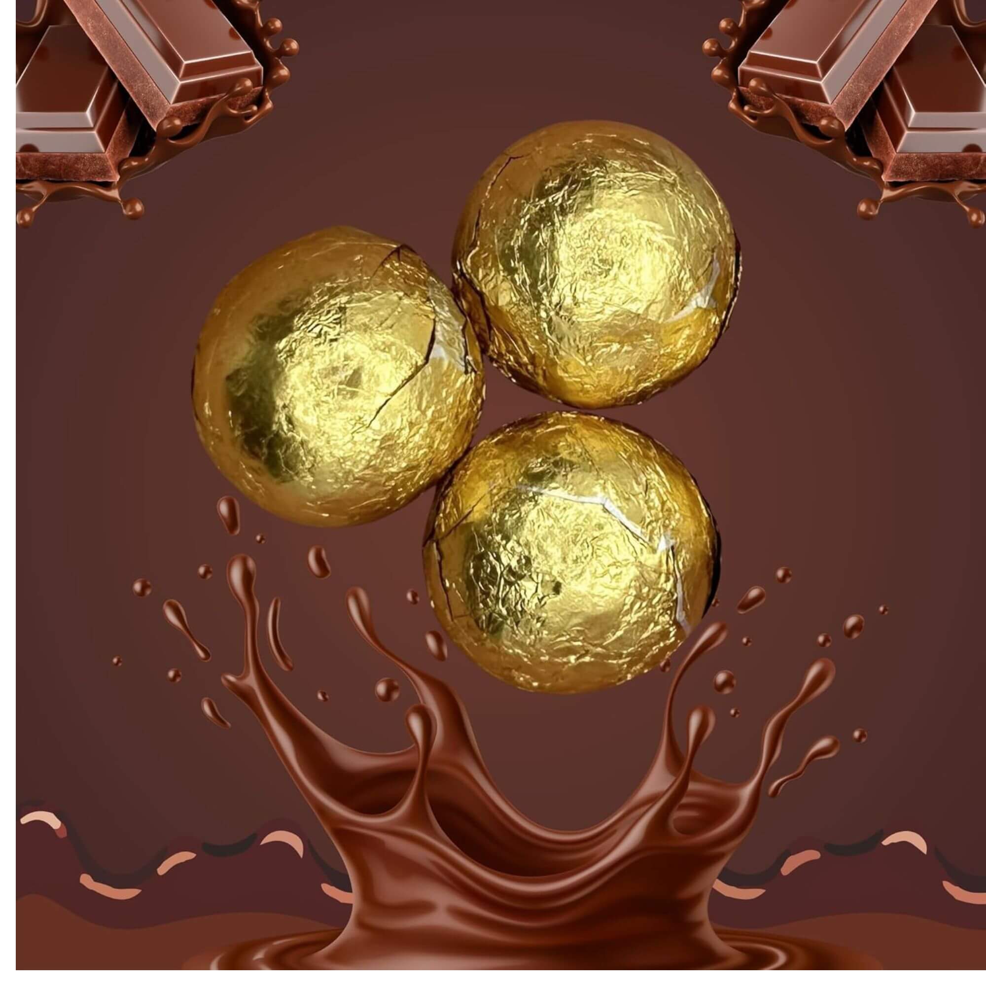 Gold-wrapped chocolates with a splash of chocolate on a brown background