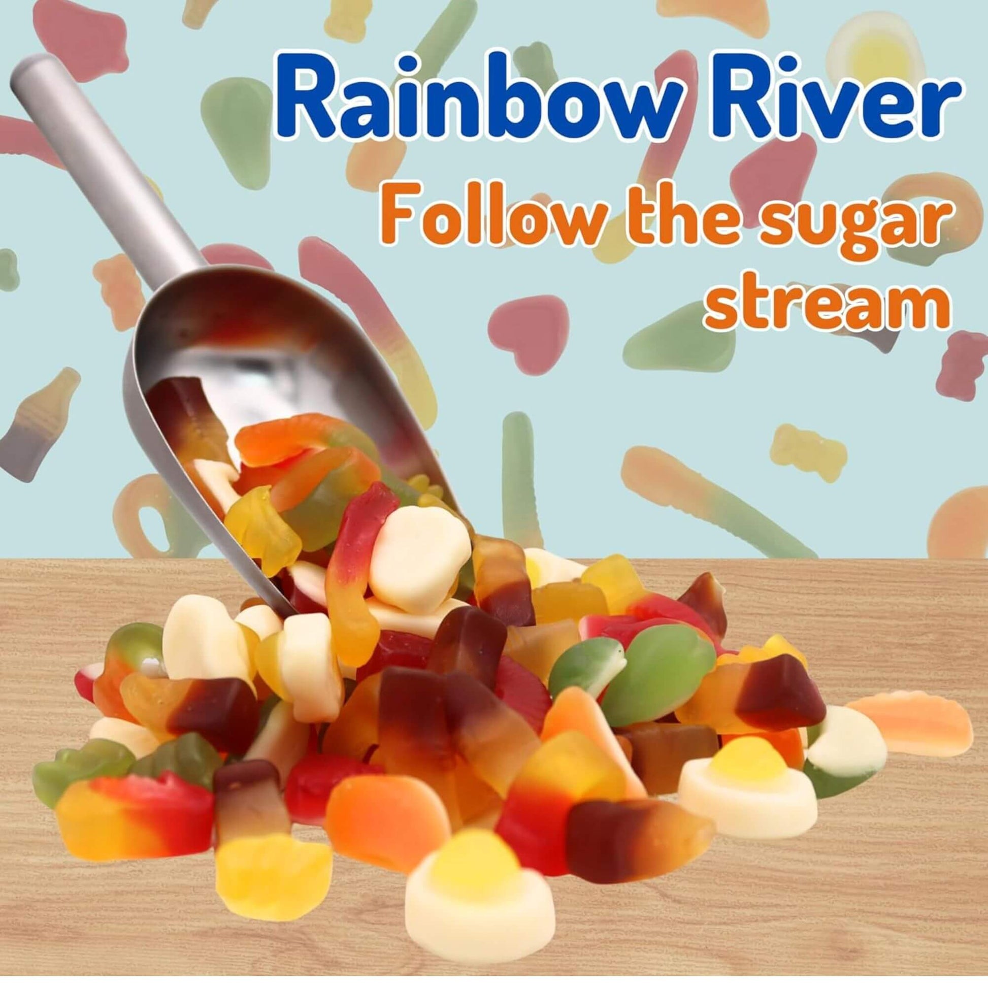 Colorful gummy candy with a scoop and 'Rainbow River' text on a playful background