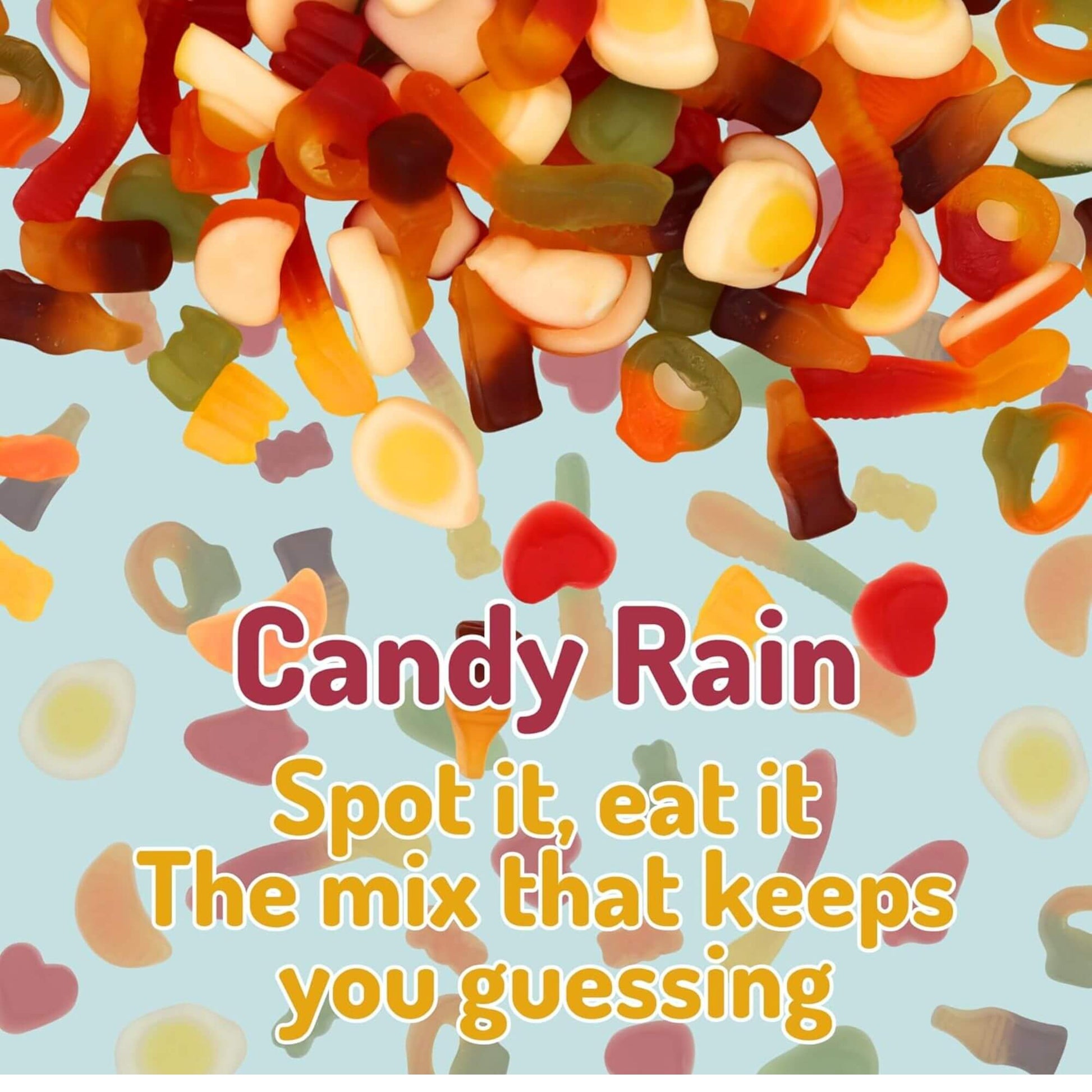 Colorful candy gummy worms with text 'Candy Rain' on a light blue background