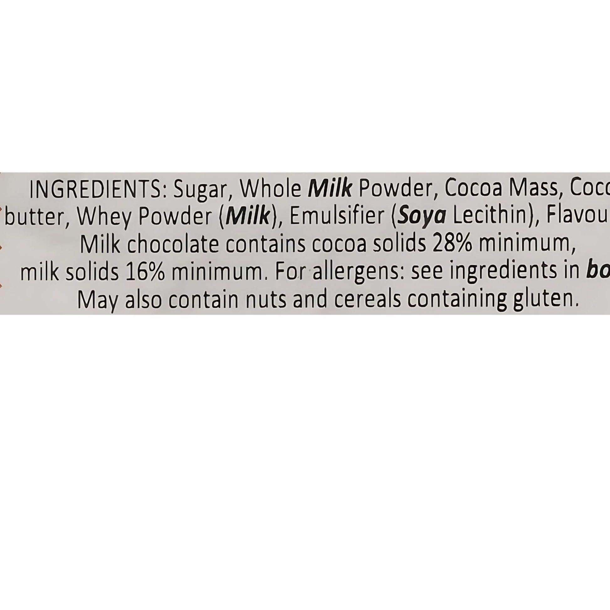 Ingredients list for a milk chocolate product on a white background