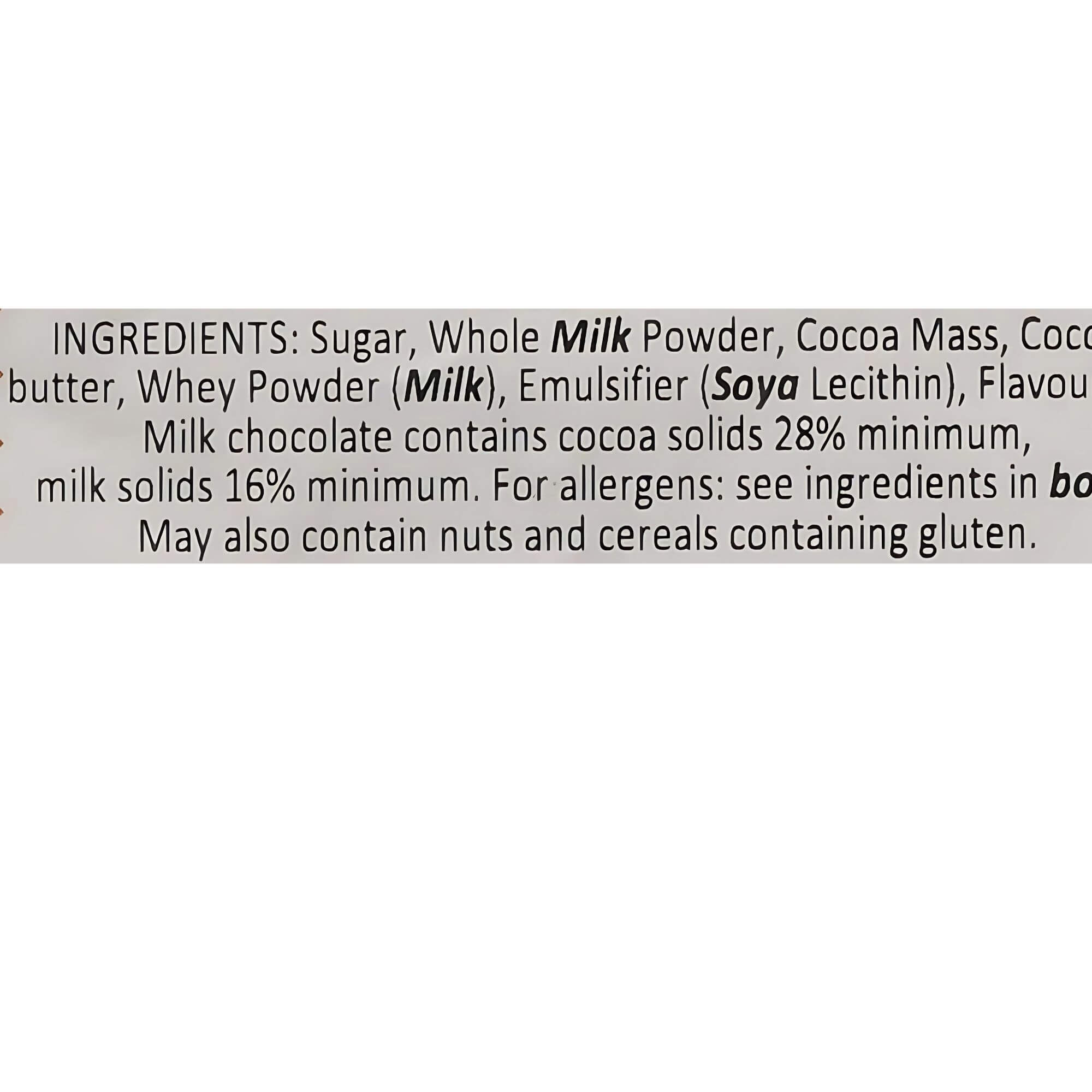 Ingredients list for a milk chocolate product on a white background