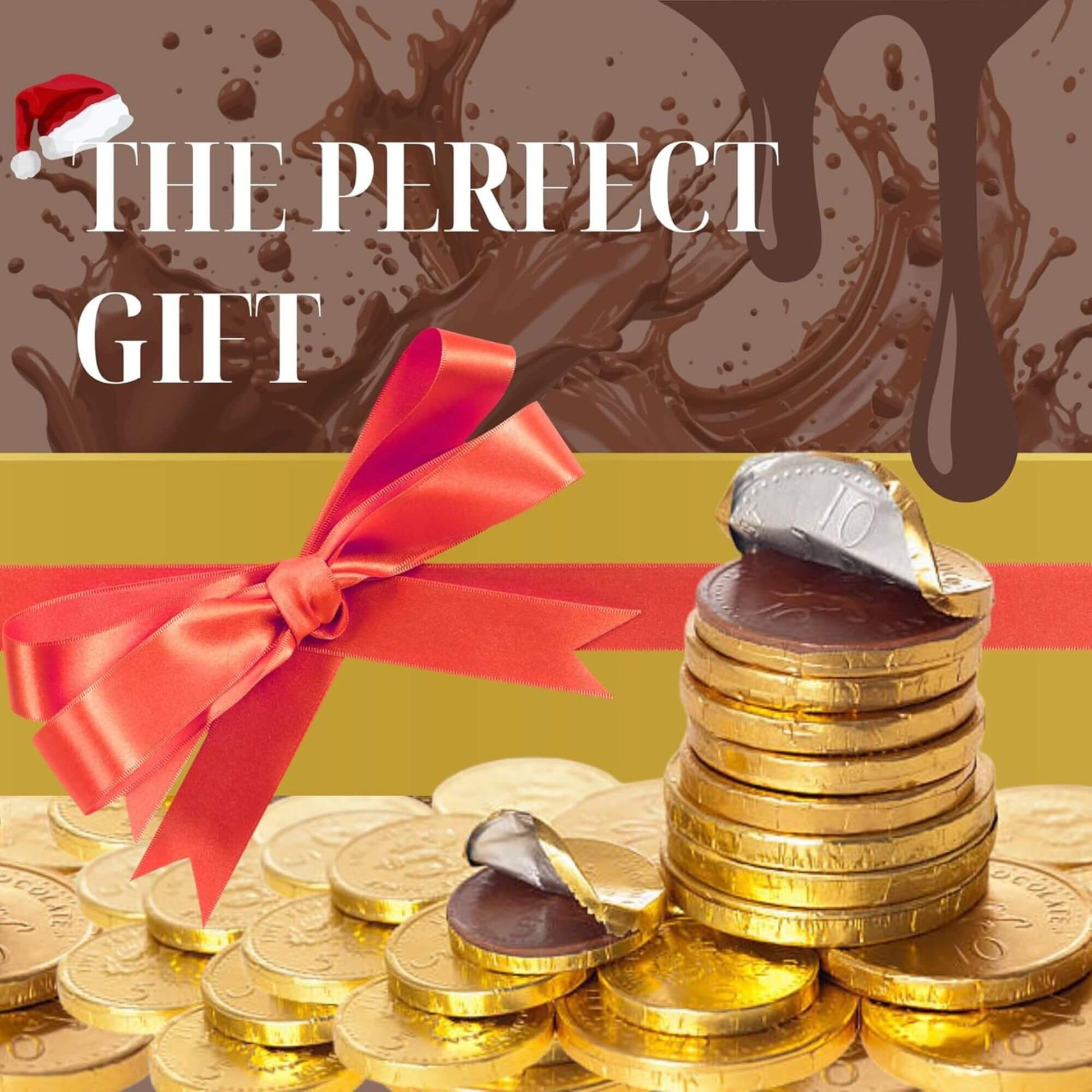 Stack of gold coins with a red ribbon and chocolate drizzle, labeled 'The Perfect Gift'.