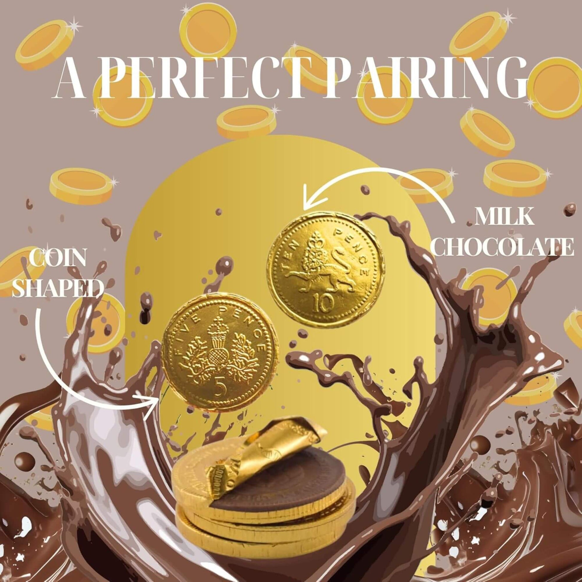 Gold coin-shaped chocolate bars with milk chocolate drizzle and gold coins on a brown background.