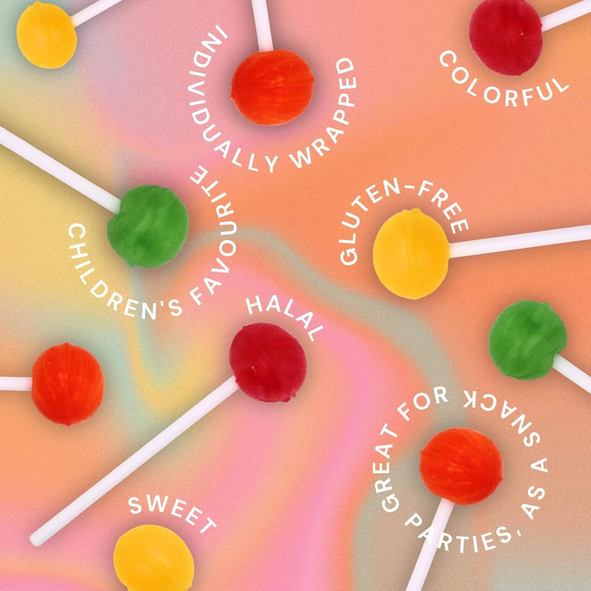 Colorful lollipops on sticks with text describing their features.