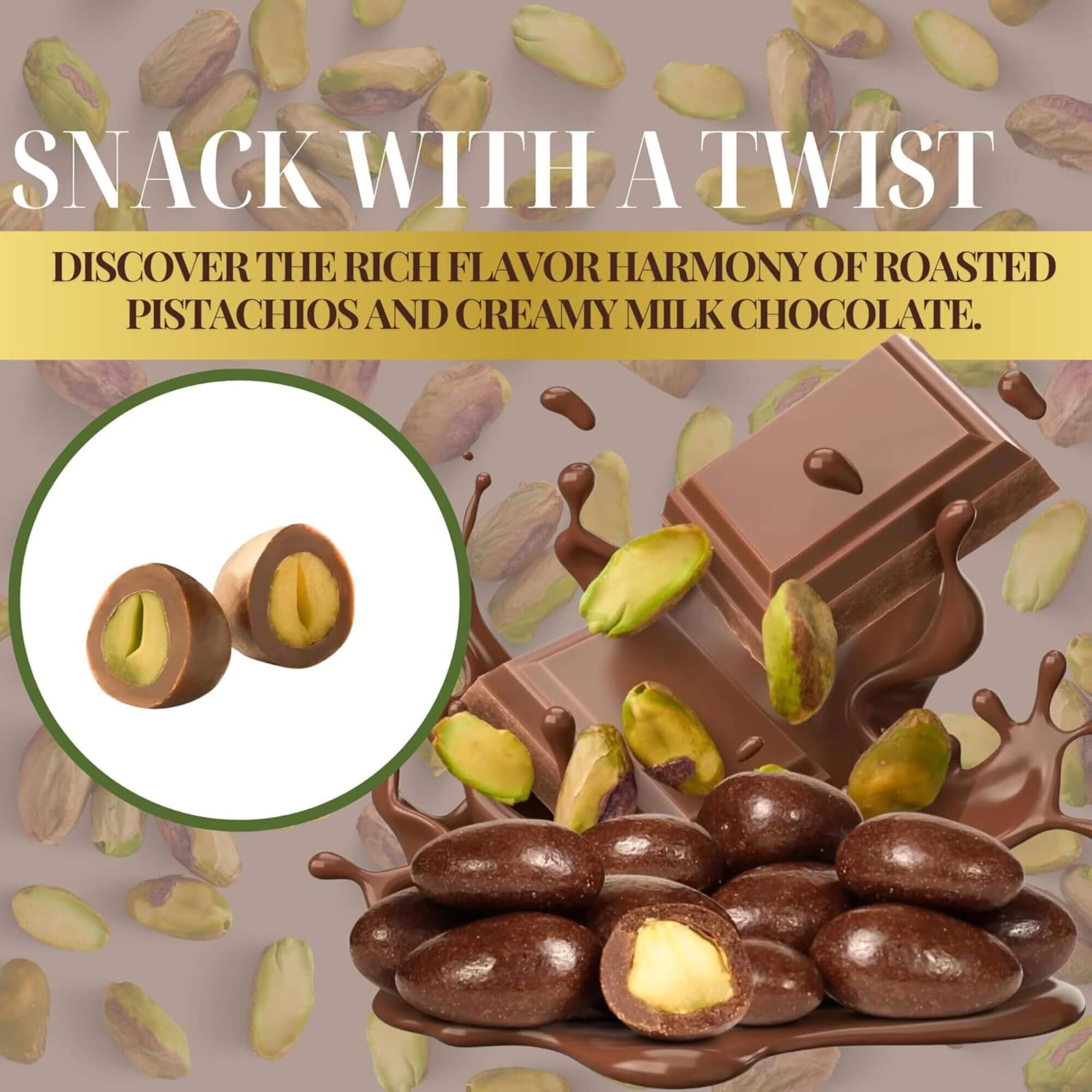 Chocolate-covered pistachios with text about a snack twist on a beige background