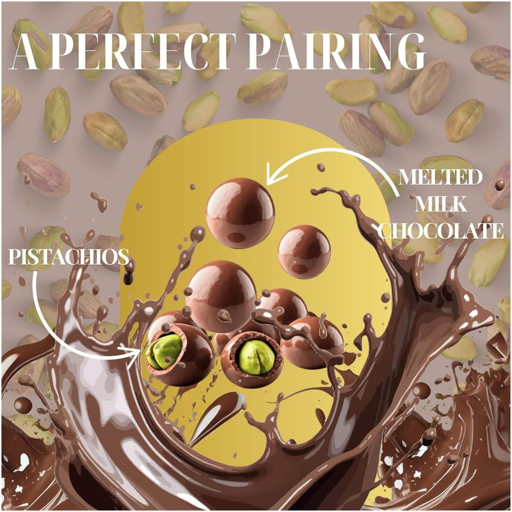 Melted milk chocolate with pistachios on a brown background with text 'A Perfect Pairing'.