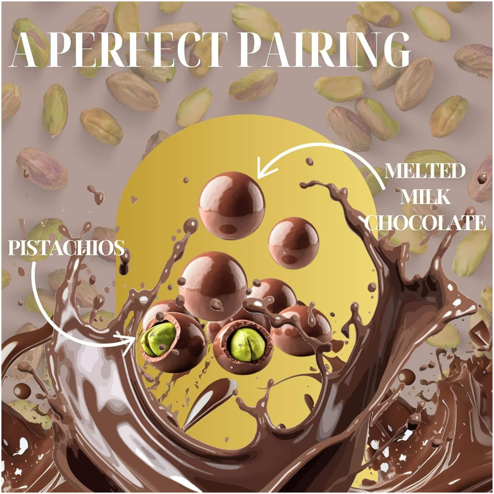 Melted milk chocolate with pistachios on a brown background with text 'A Perfect Pairing'.