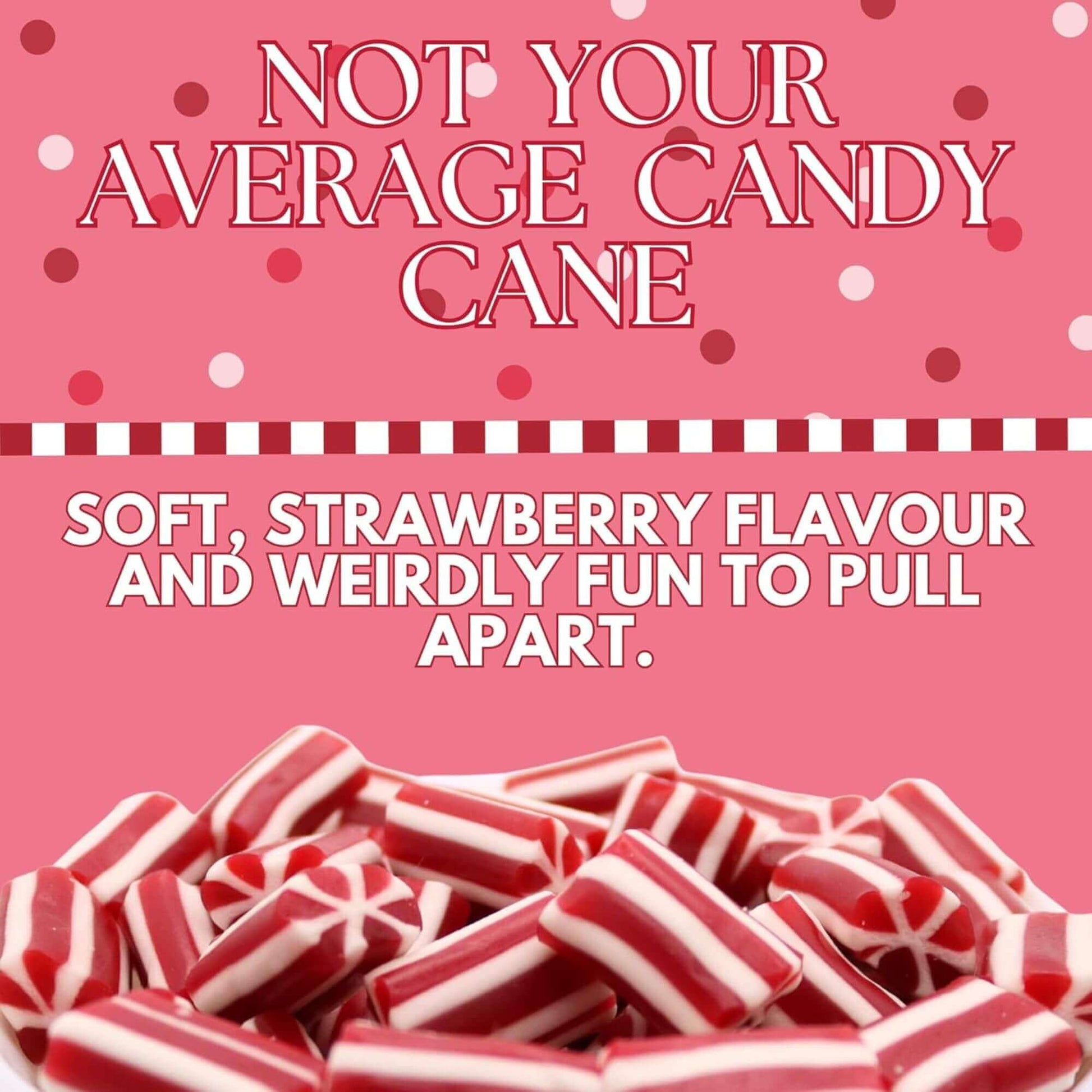 Red and white candy canes on a pink background with text about their flavor and texture.