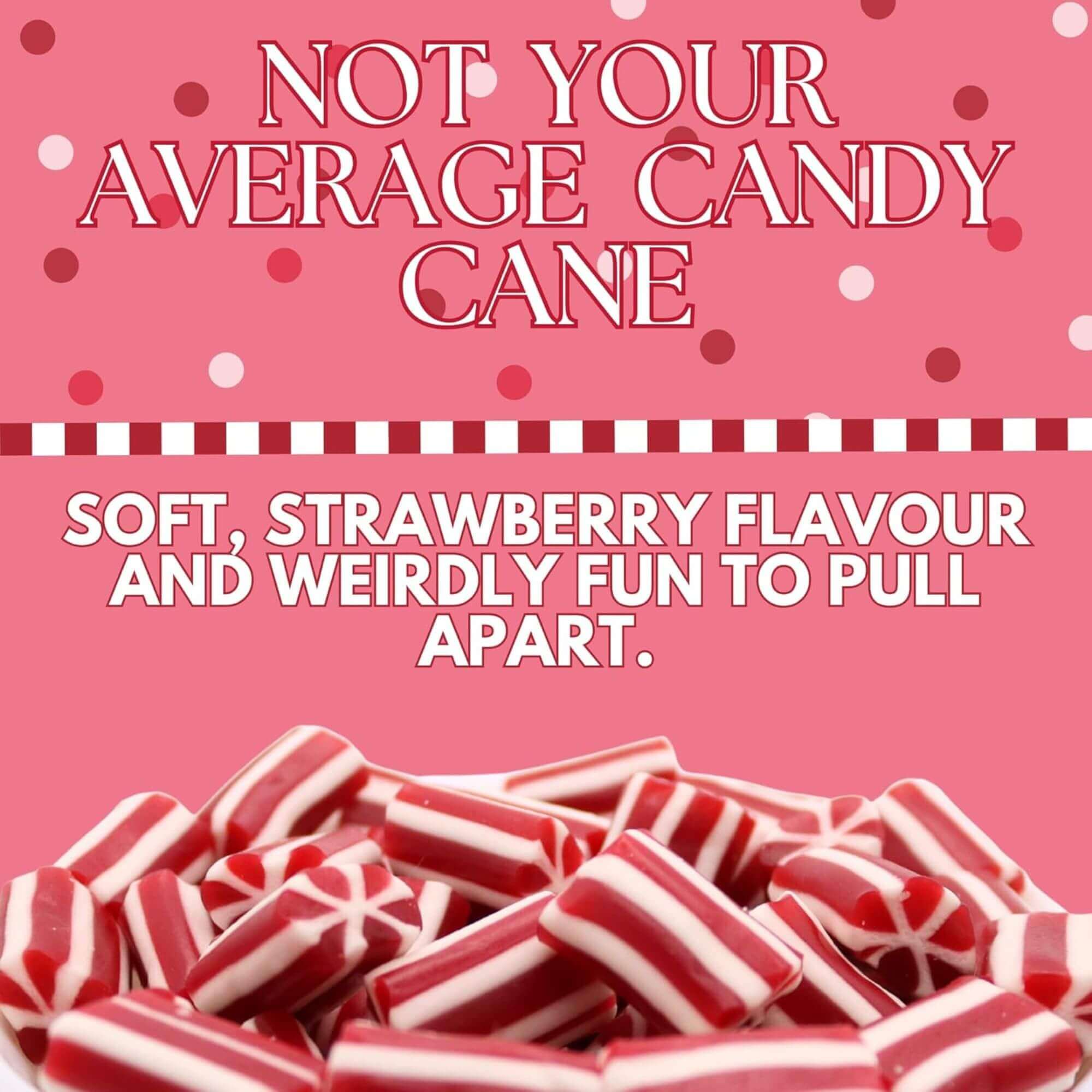 Red and white candy canes on a pink background with text about their flavor and texture.