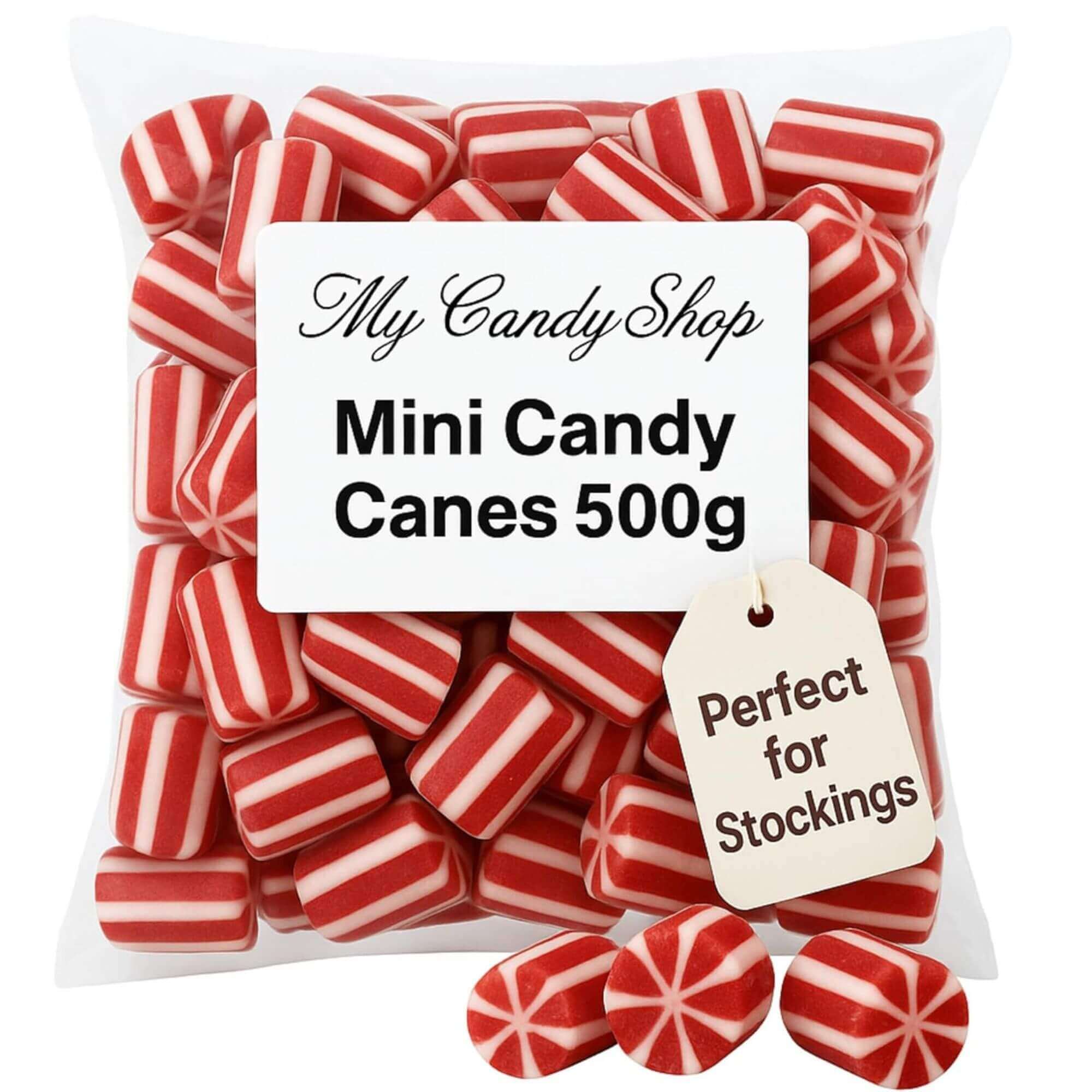 Pack of red and white striped candy canes with a label indicating weight and use.