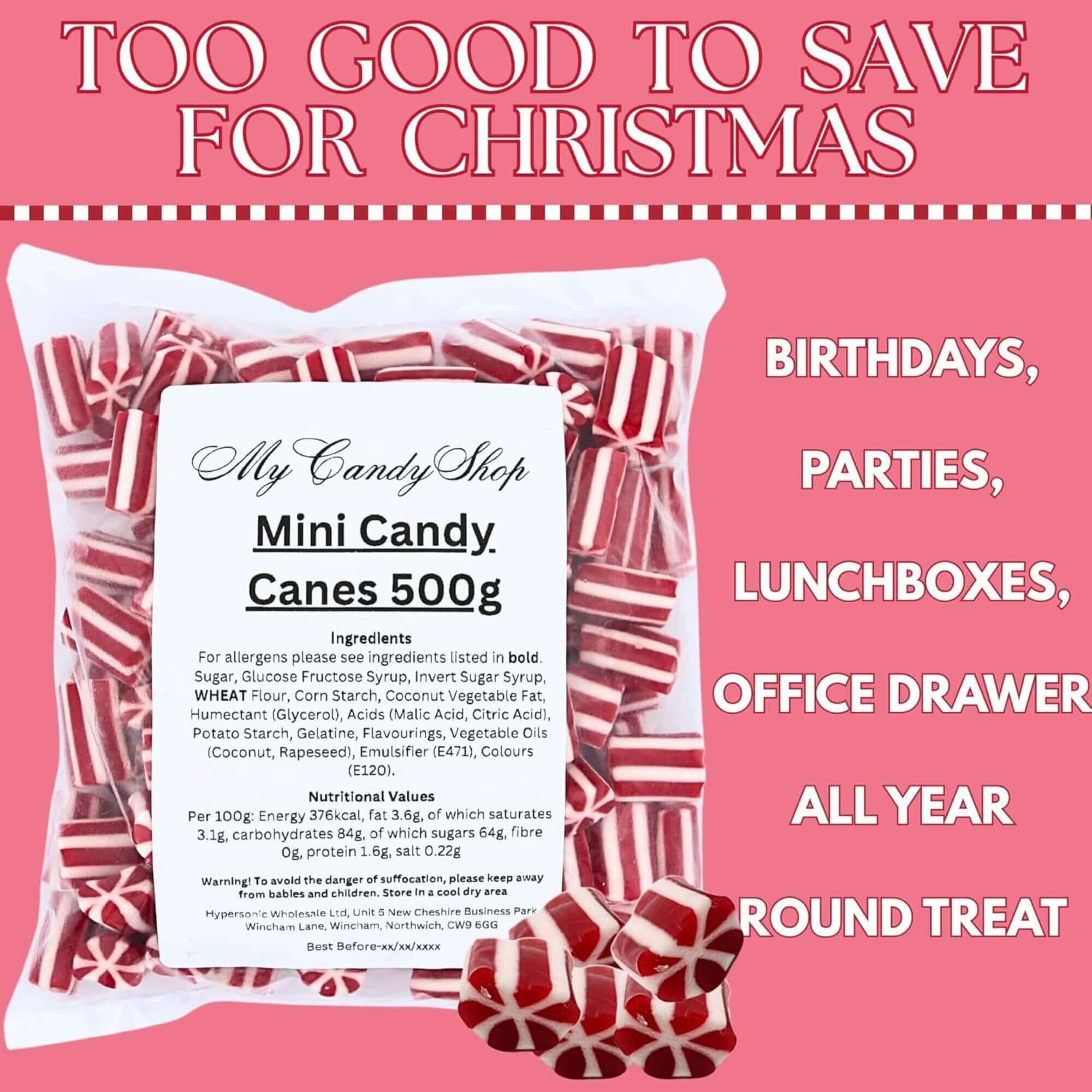 Pack of mini candy canes with a label on a pink background, featuring text about their uses.