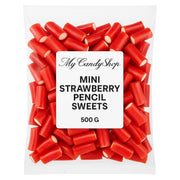 Pack of red mini strawberry pencil sweets with 'My Candy Shop' label on a white background