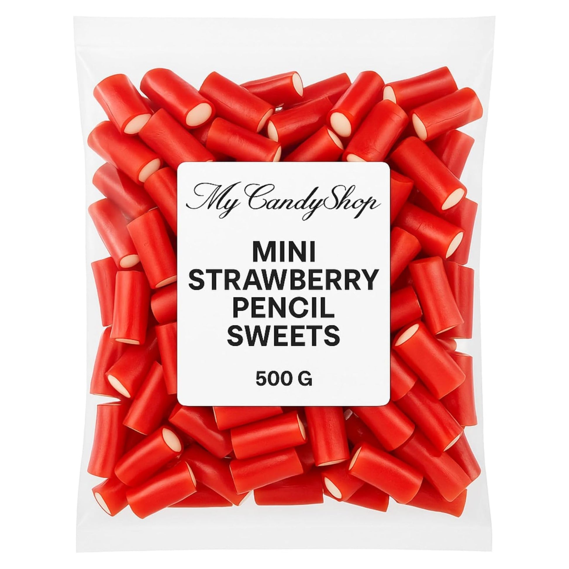 Pack of red mini strawberry pencil sweets with 'My Candy Shop' label on a white background