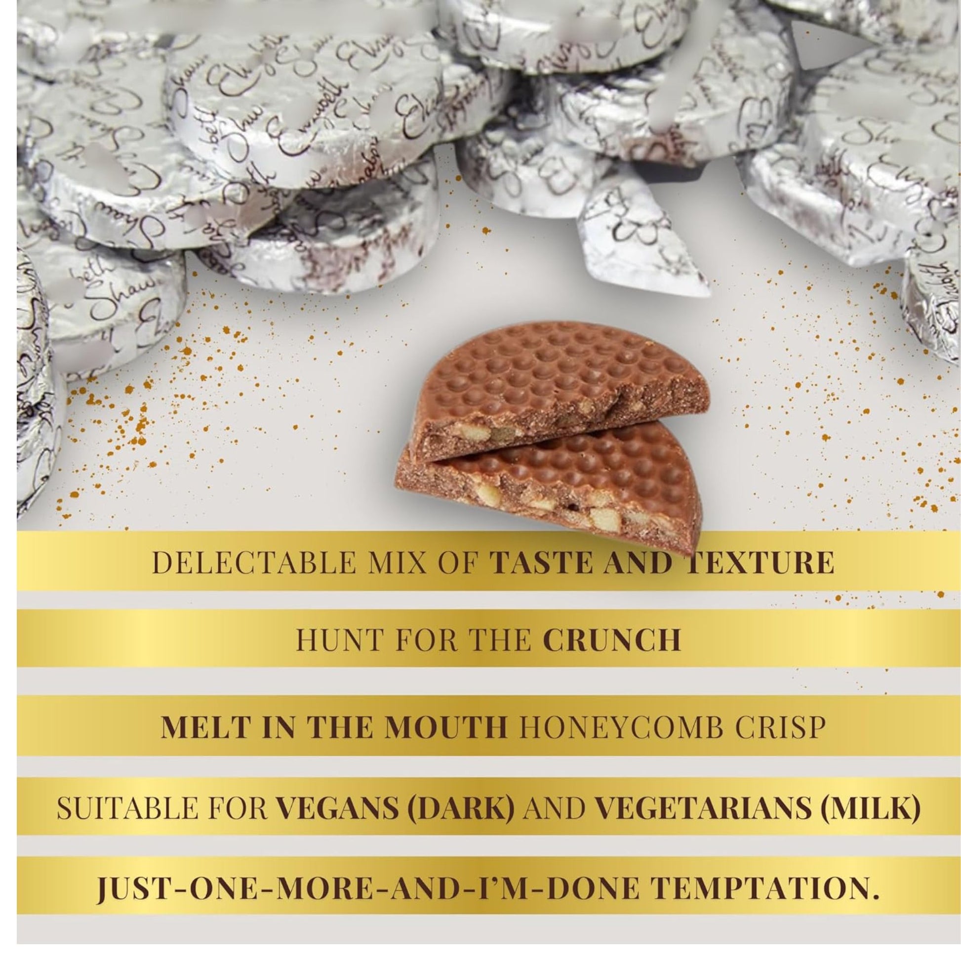 Honeycomb crisp with a bite taken out, surrounded by wrapped honeycomb crisps on a light background.
