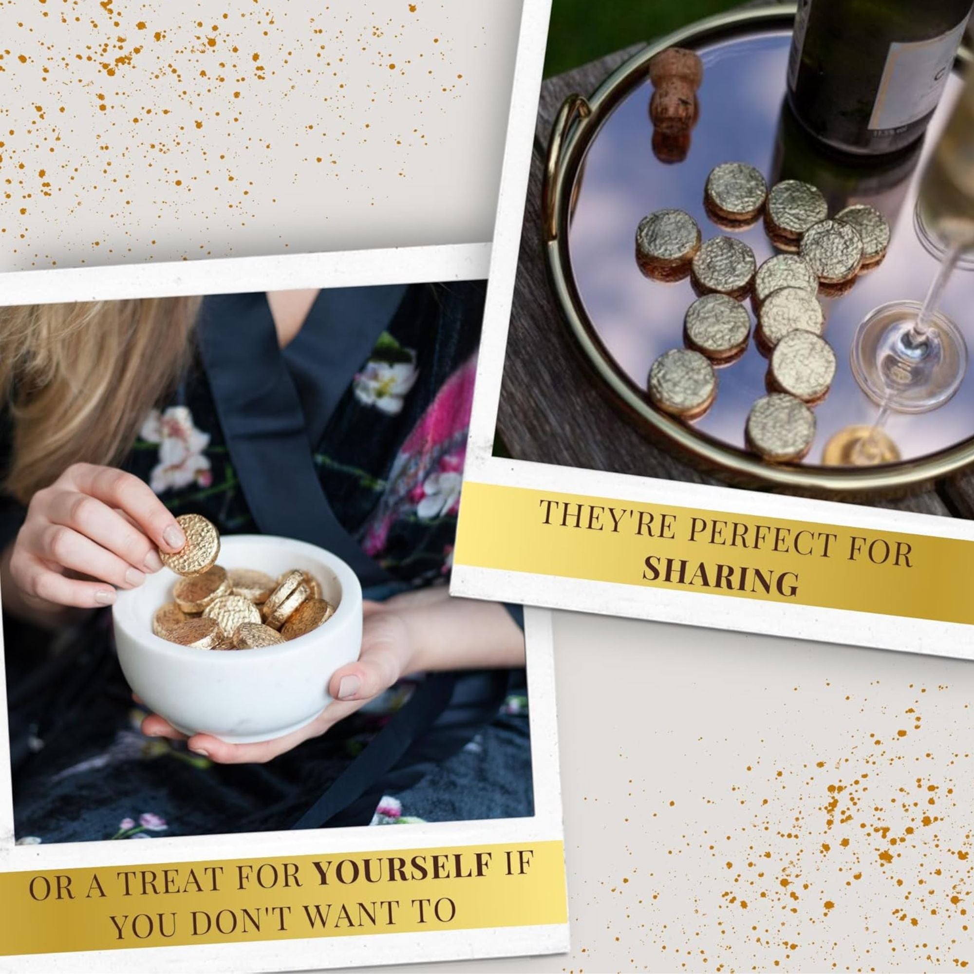 Collage of images with gold coins, a bowl, and text about sharing and treating oneself.