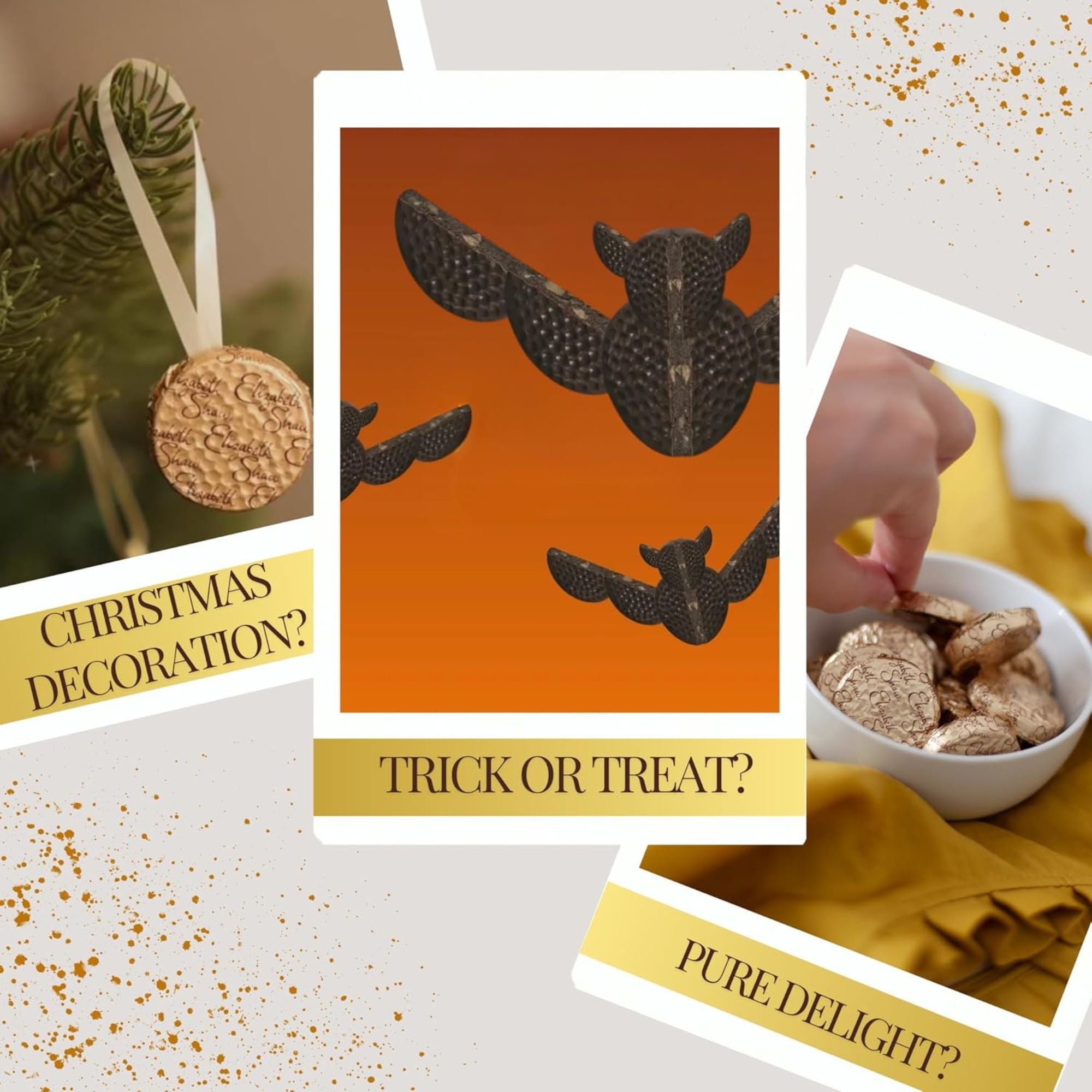 Collage of Halloween-themed decorations with text overlay on a decorative background.