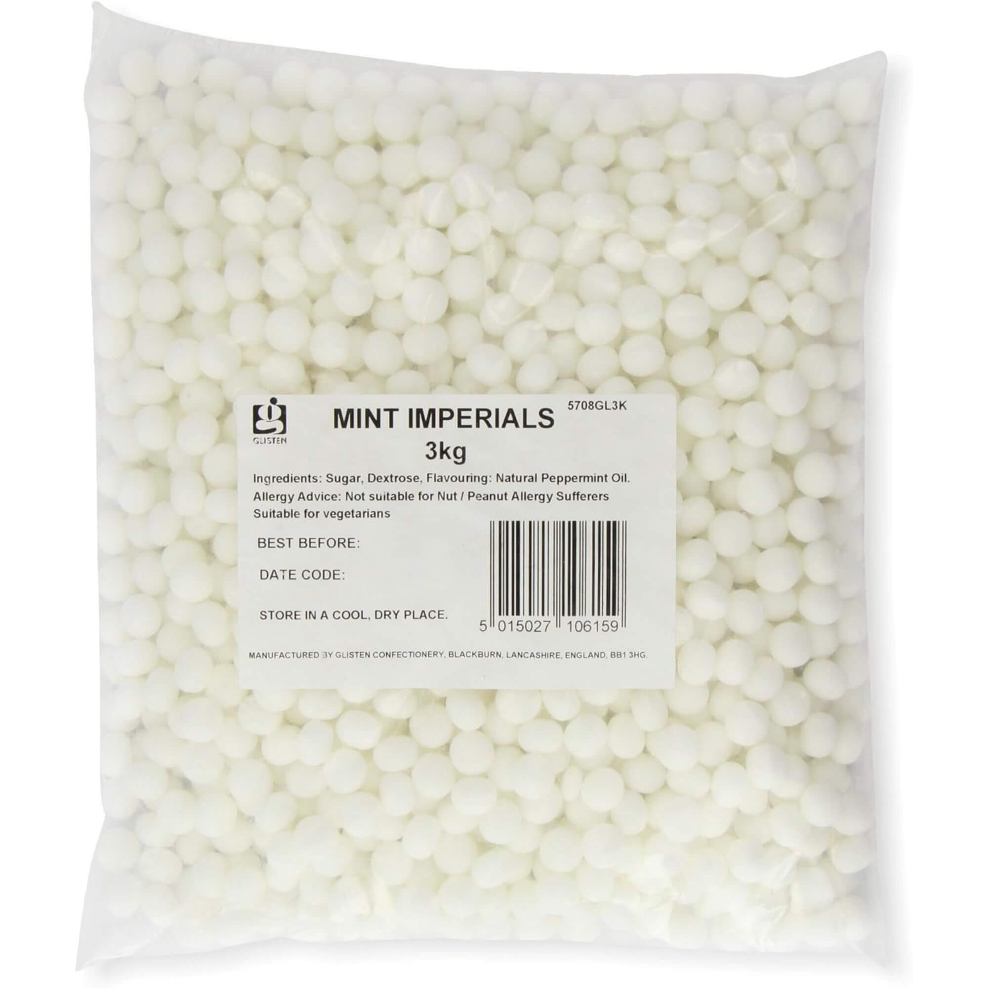 Bag of mint imperials with a label on a white background