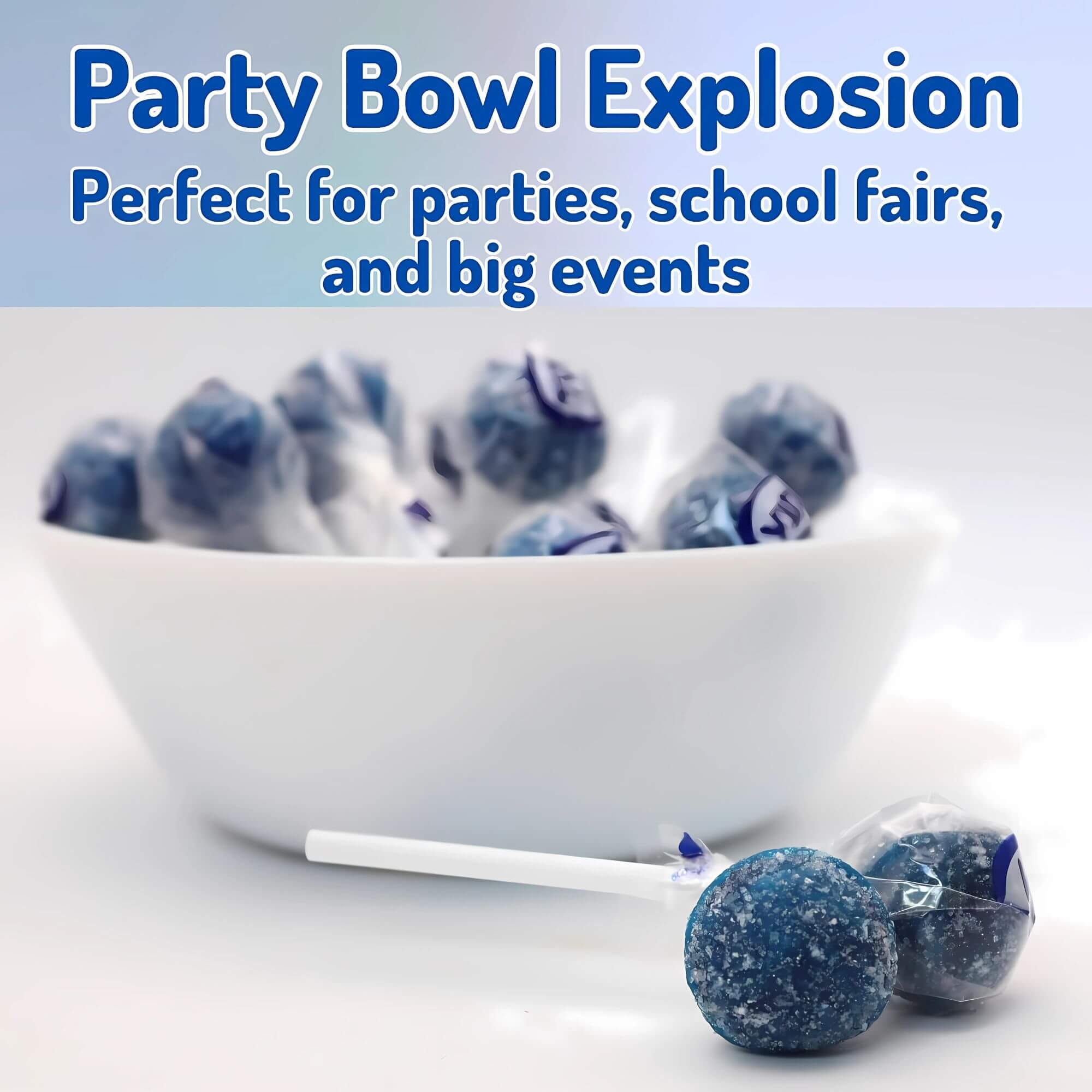White bowl filled with blue and white lollipops on a light gray background